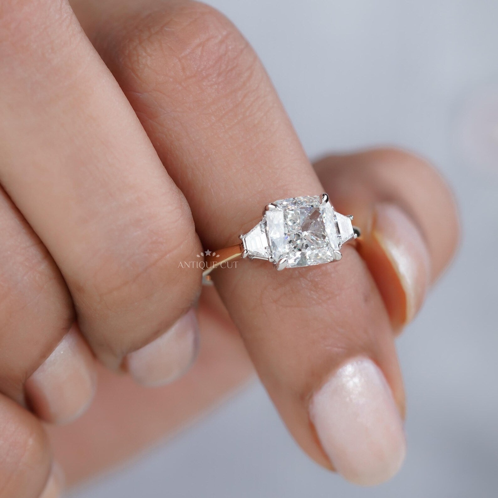 Cushion Cut 3.10tcw Lab-Grown Diamond Three-Stone Ring | Baguette Side Stones | Two-Tone Gold Setting | IGI Certified