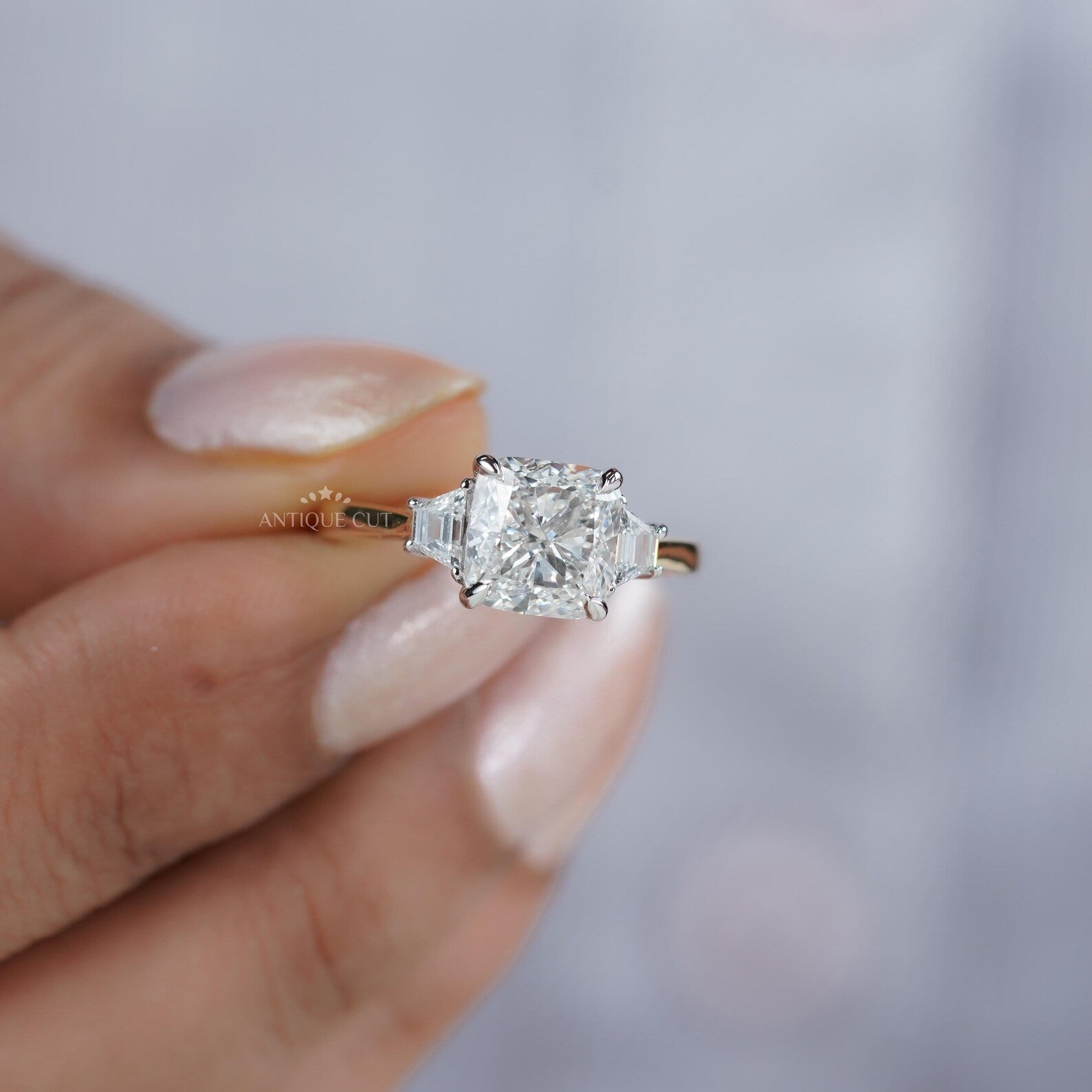 Cushion Cut 3.10tcw Lab-Grown Diamond Three-Stone Ring | Baguette Side Stones | Two-Tone Gold Setting | IGI Certified