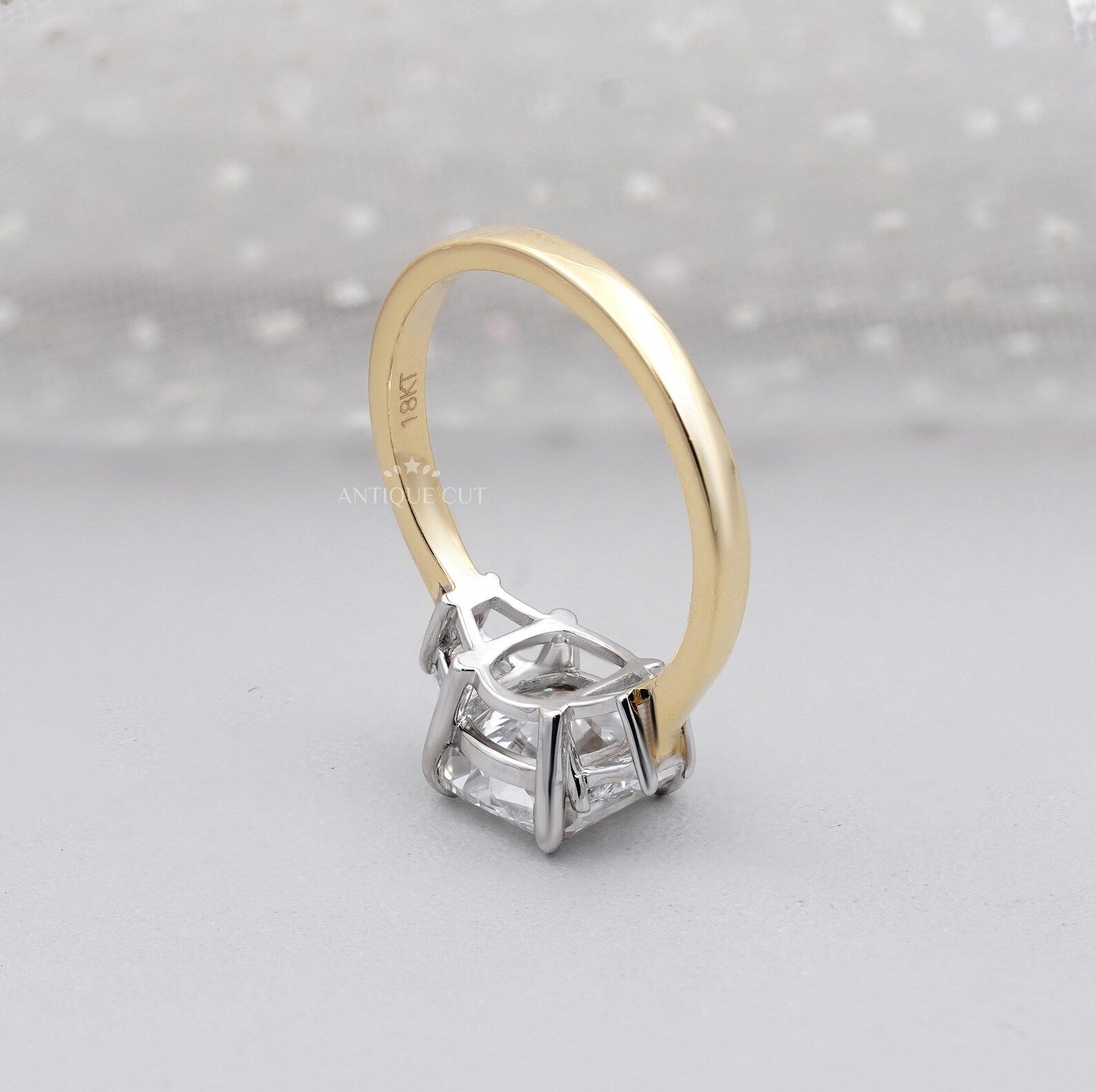 Cushion Cut 3.10tcw Lab-Grown Diamond Three-Stone Ring | Baguette Side Stones | Two-Tone Gold Setting | IGI Certified