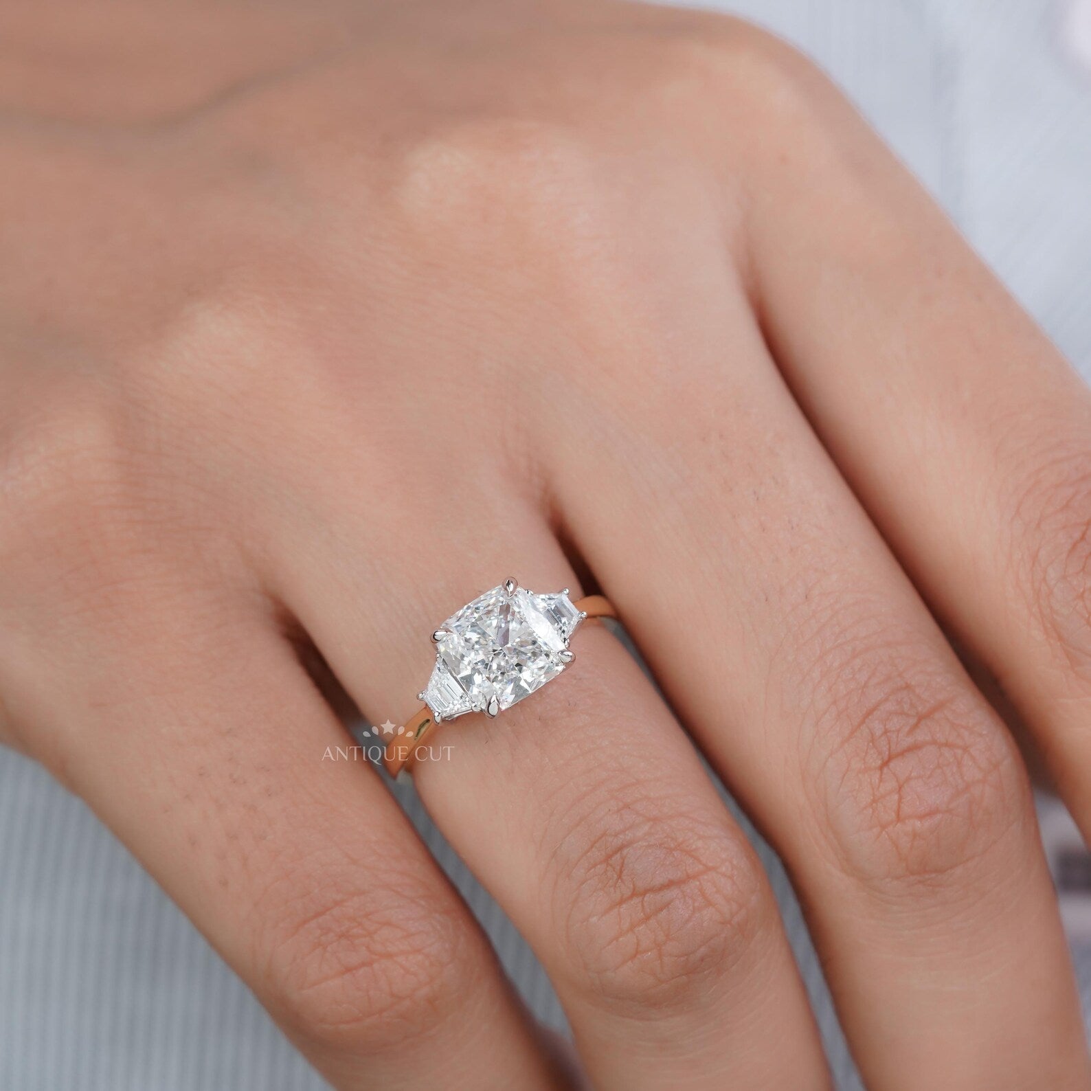 Cushion Cut 3.10tcw Lab-Grown Diamond Three-Stone Ring | Baguette Side Stones | Two-Tone Gold Setting | IGI Certified