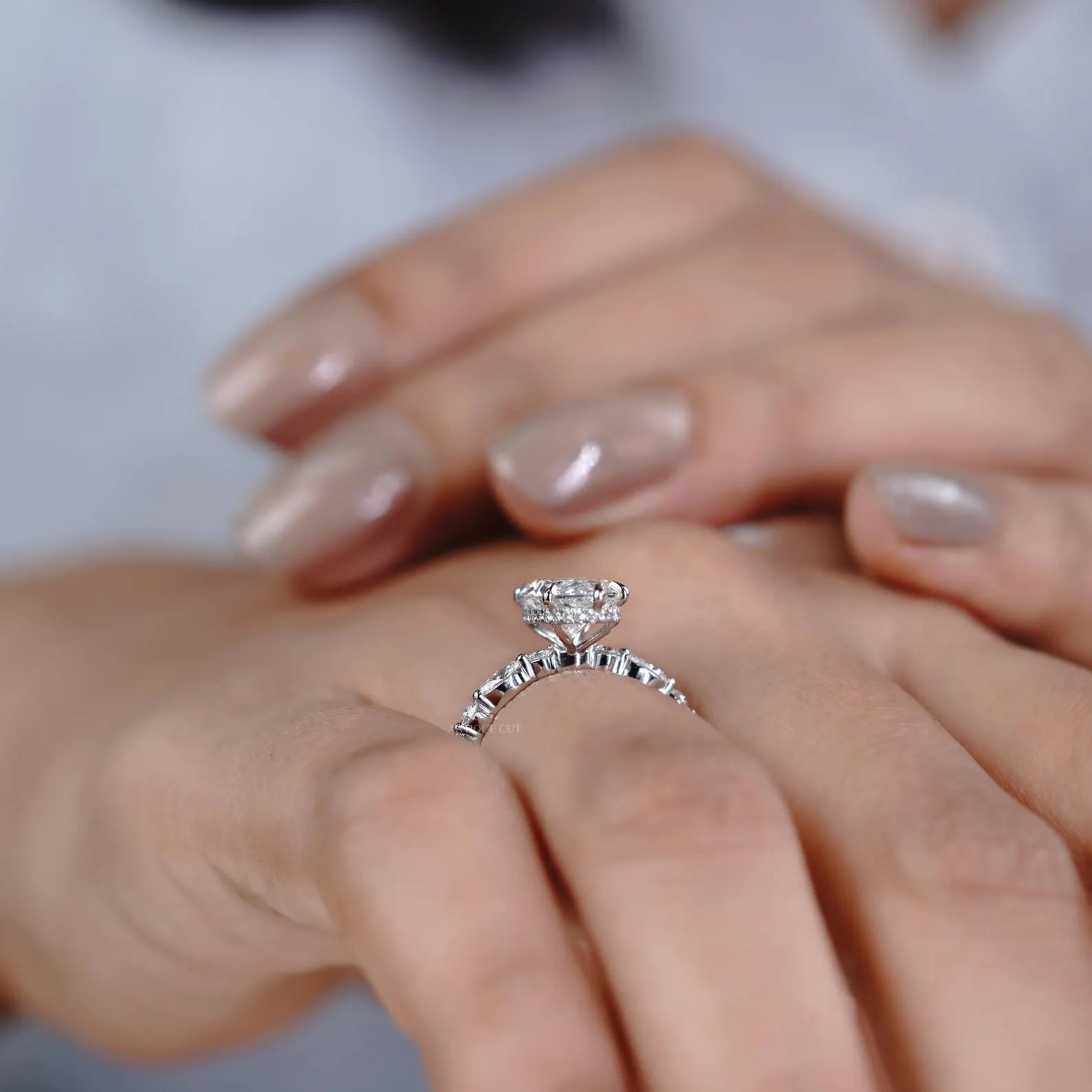 3.00ct Marquise Engagement Ring with 0.60ct Marquise & Round Side Stones | Unique Diamond Halo Ring | White Gold Marquise Solitaire