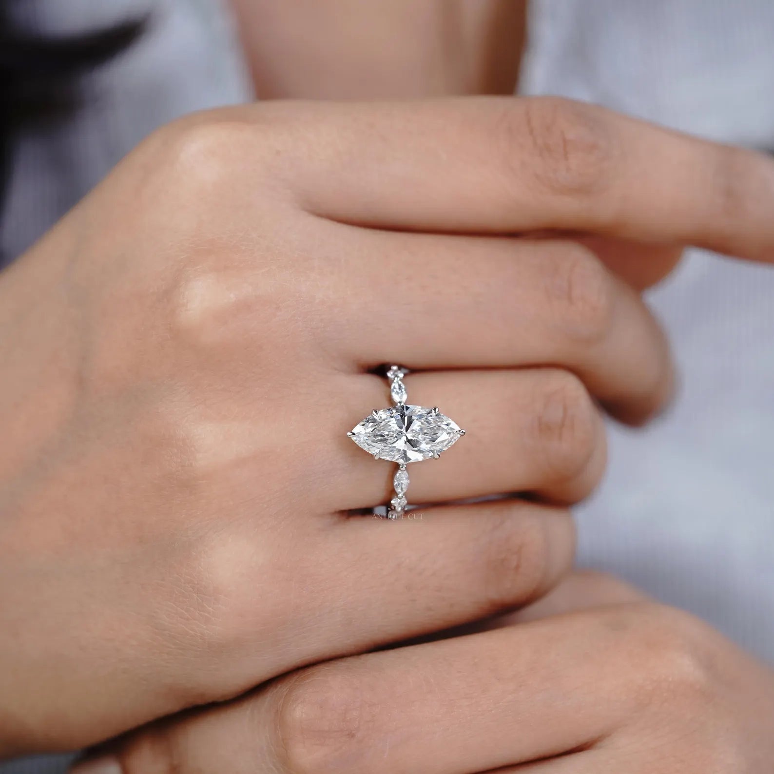 3.00ct Marquise Engagement Ring with 0.60ct Marquise & Round Side Stones | Unique Diamond Halo Ring | White Gold Marquise Solitaire