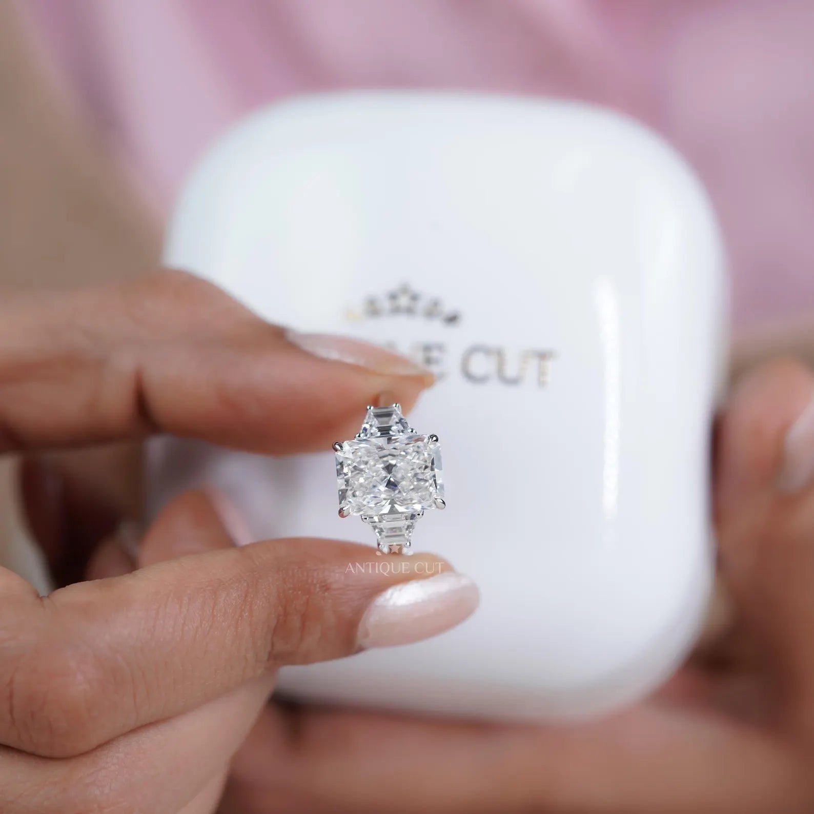 Radiant 5.97tcw Lab Grown Diamond Three-Stone Engagement Ring | Trapezoid Side Stones | D–F Color | VVS–VS Clarity