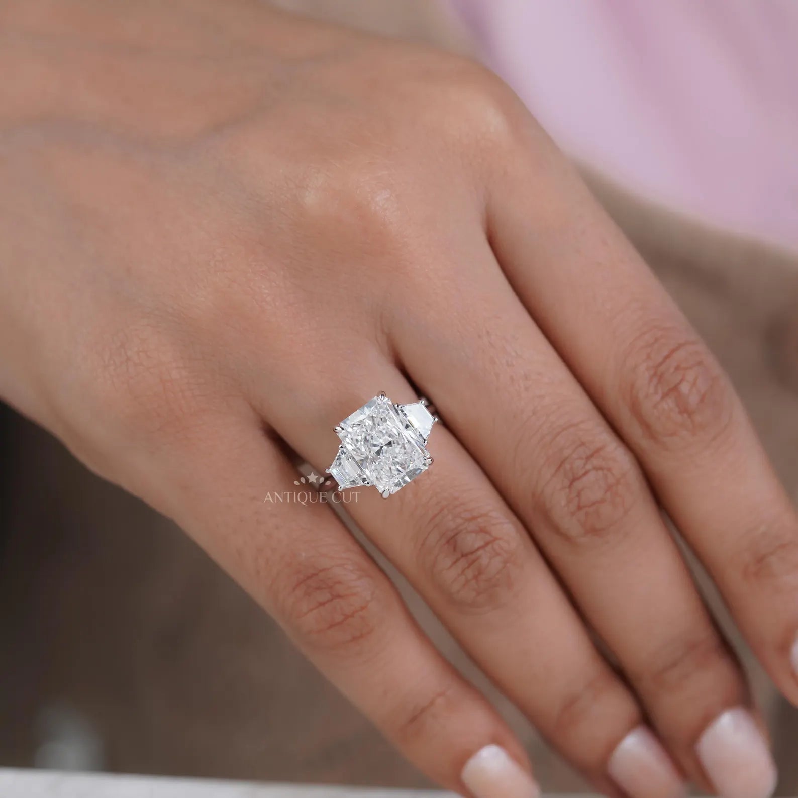 Radiant 5.97tcw Lab Grown Diamond Three-Stone Engagement Ring | Trapezoid Side Stones | D–F Color | VVS–VS Clarity