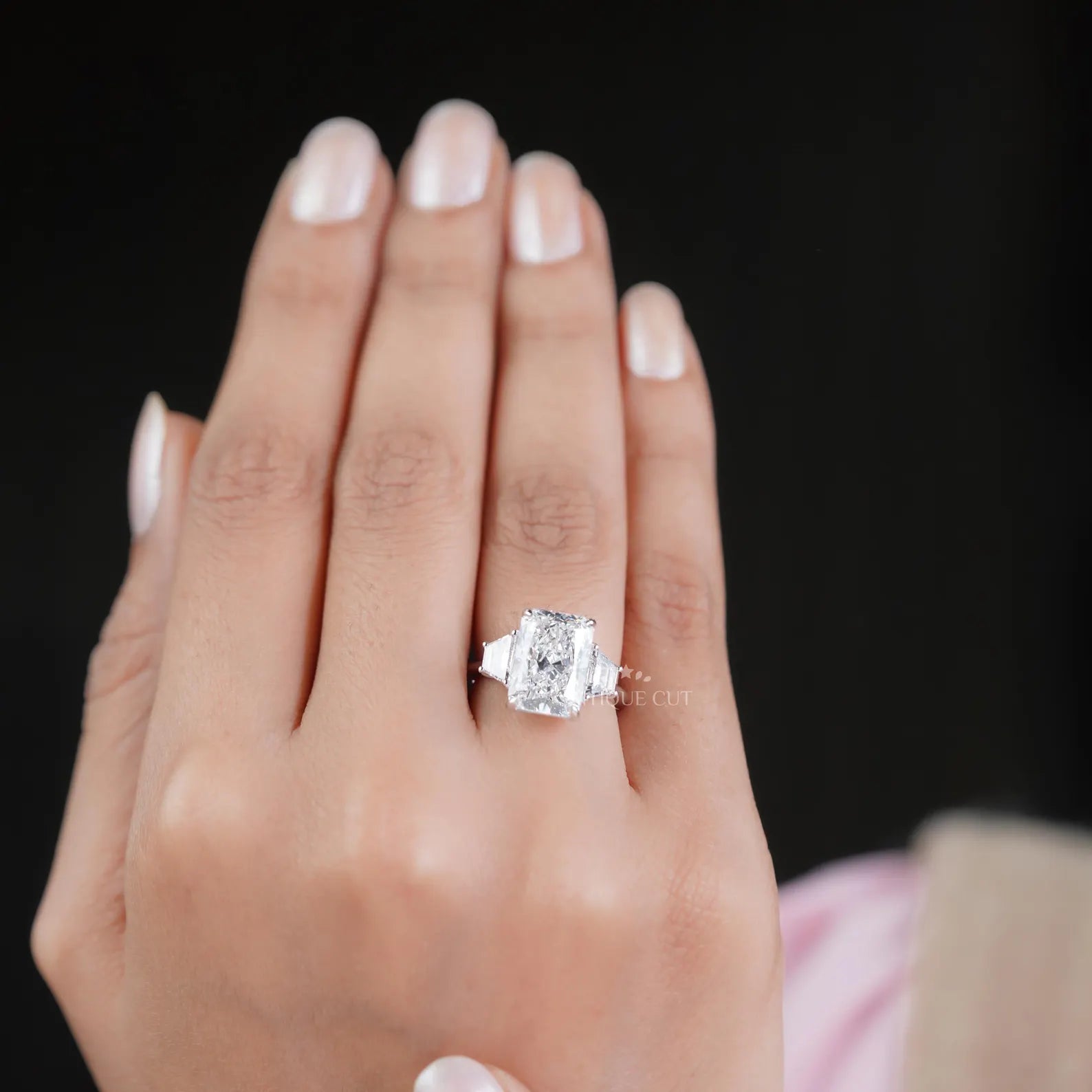 Radiant 5.97tcw Lab Grown Diamond Three-Stone Engagement Ring | Trapezoid Side Stones | D–F Color | VVS–VS Clarity