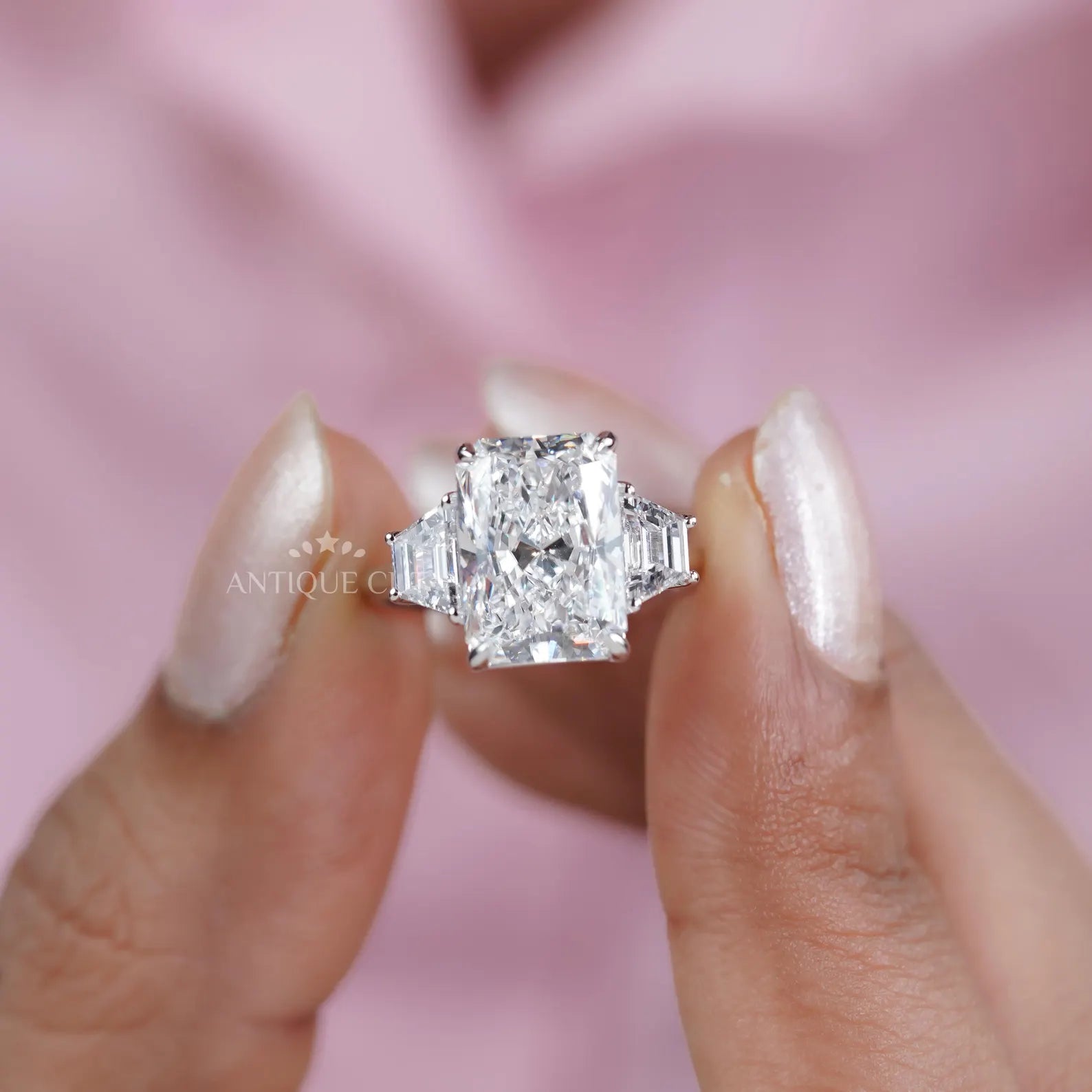 Radiant 5.97tcw Lab Grown Diamond Three-Stone Engagement Ring | Trapezoid Side Stones | D–F Color | VVS–VS Clarity