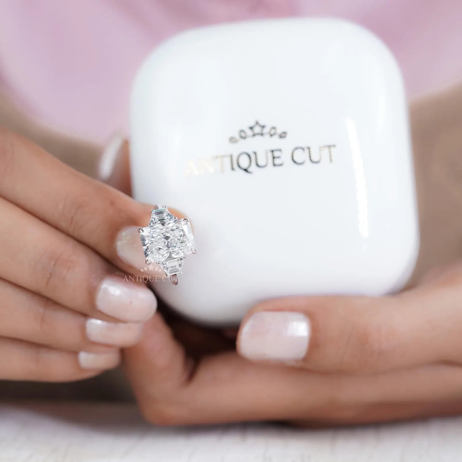 Radiant 5.97tcw Lab Grown Diamond Three-Stone Engagement Ring | Trapezoid Side Stones | D–F Color | VVS–VS Clarity