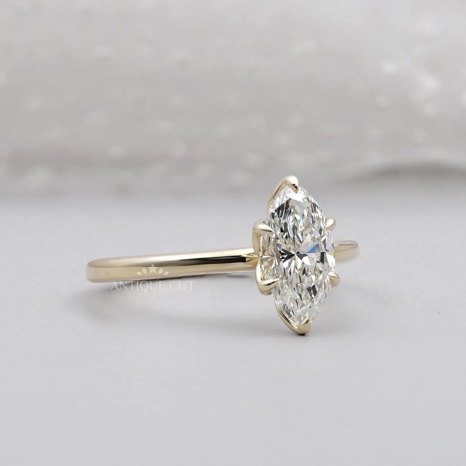 Six prong marquise engagement ring close-up