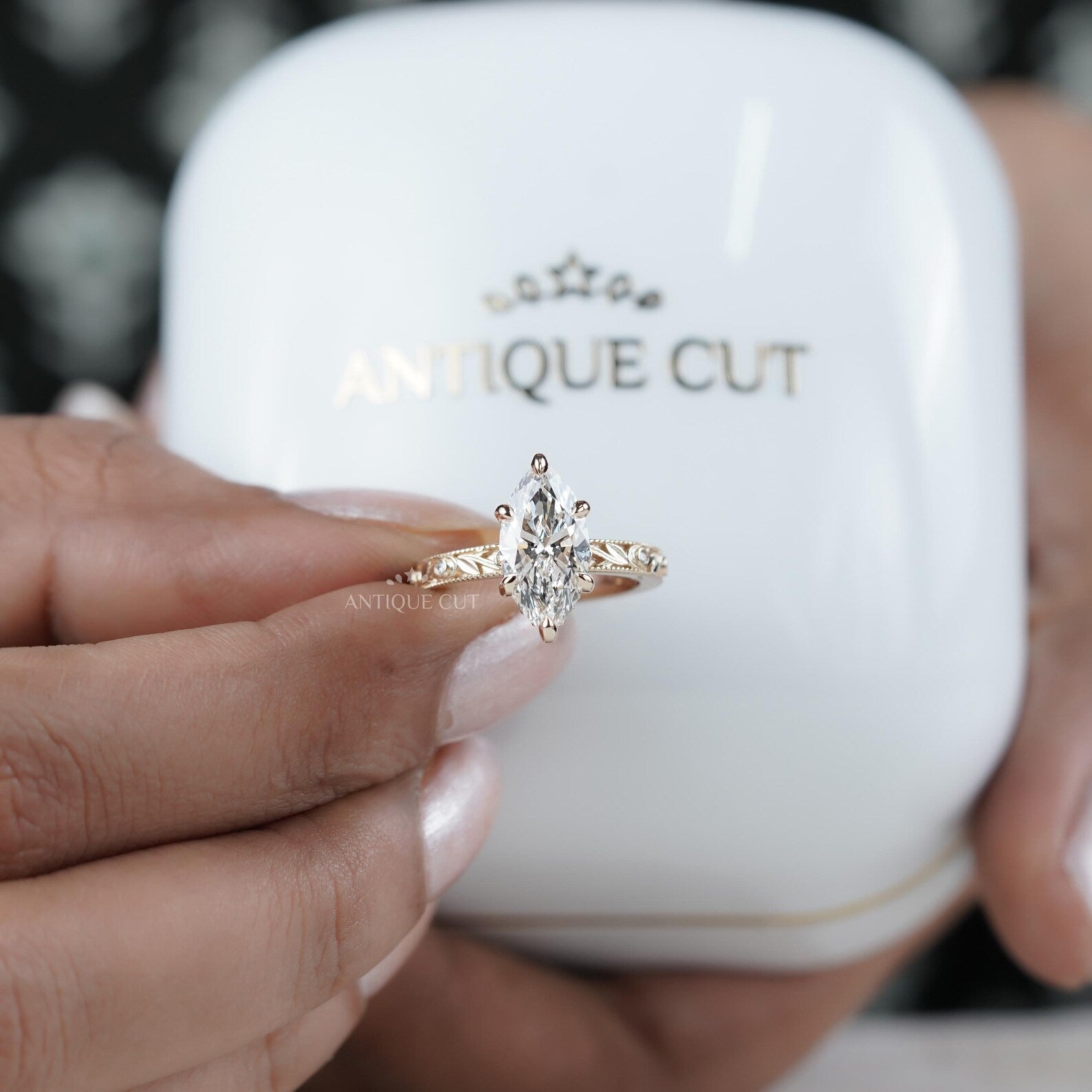 Marquise 2.25tcw Lab Grown Diamond Vintage Engagement Ring | Hand-Engraved Band | DEF Color | VVS-VS Clarity