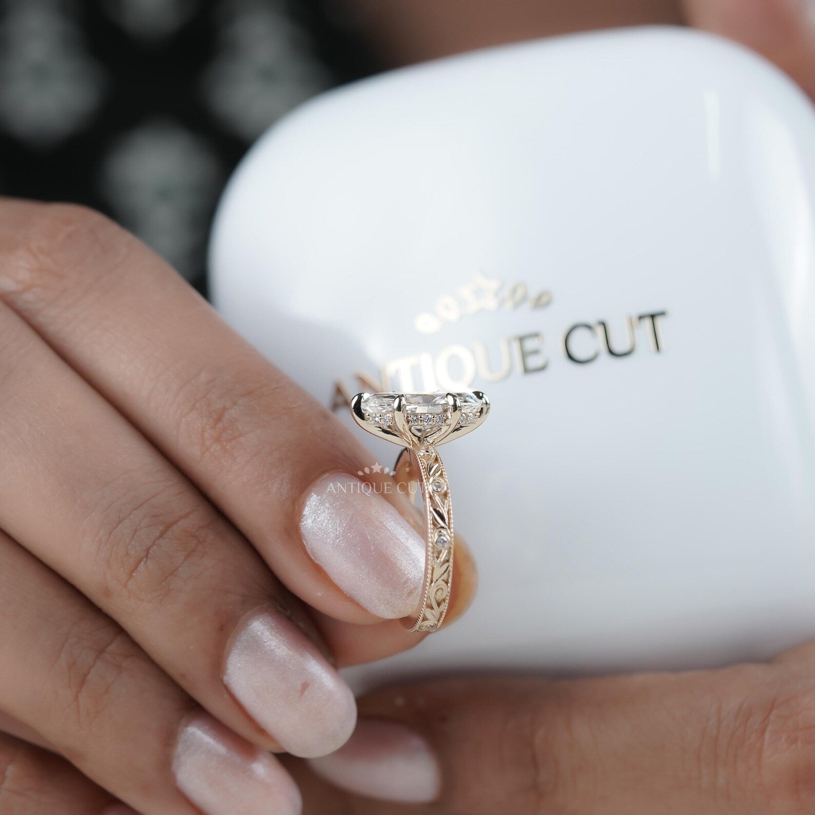 Marquise 2.25tcw Lab Grown Diamond Vintage Engagement Ring | Hand-Engraved Band | DEF Color | VVS-VS Clarity