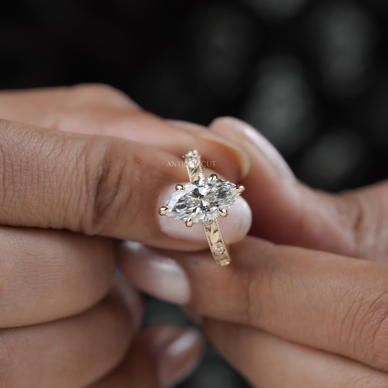 Marquise 2.25tcw Lab Grown Diamond Vintage Engagement Ring | Hand-Engraved Band | DEF Color | VVS-VS Clarity