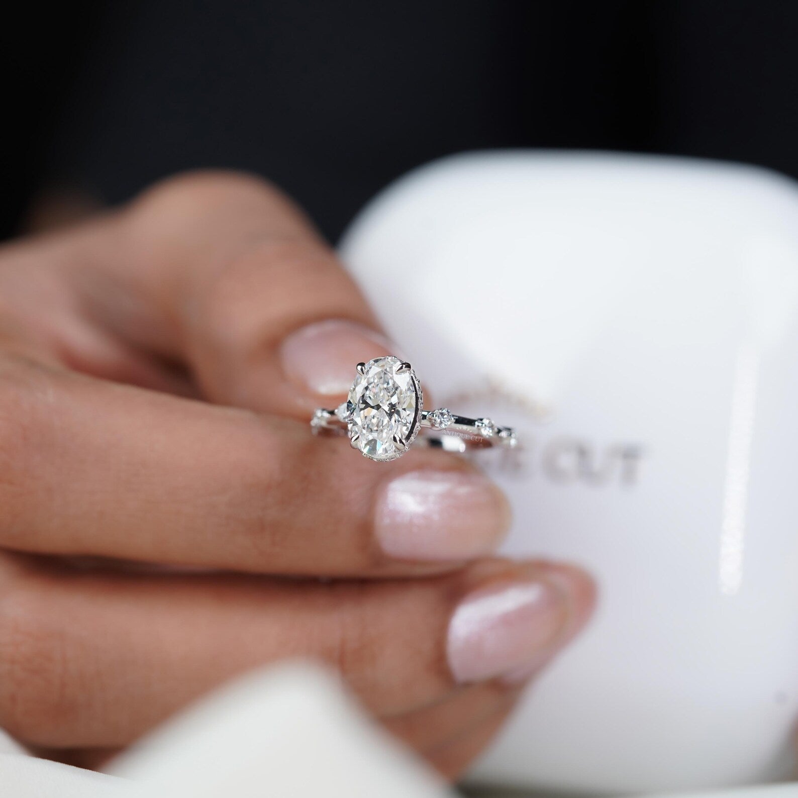 2.00ct Oval Engagement Ring • 0.30ct Diamond Accent Band • White Gold Oval Cut Ring • Classic 2ct Solitaire Ring
