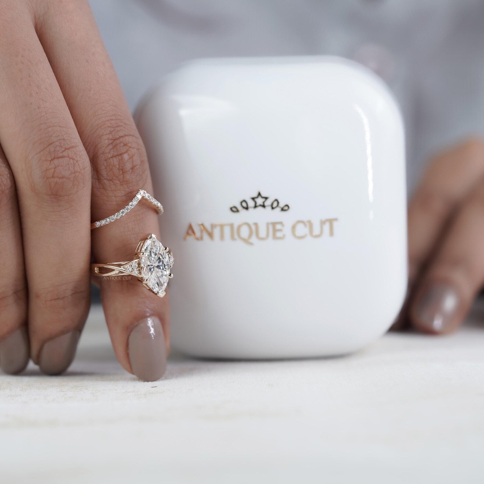 Marquise Cut Ring Duo • 3.00ct Center • Matching V Band with 0.10ct Side Accents