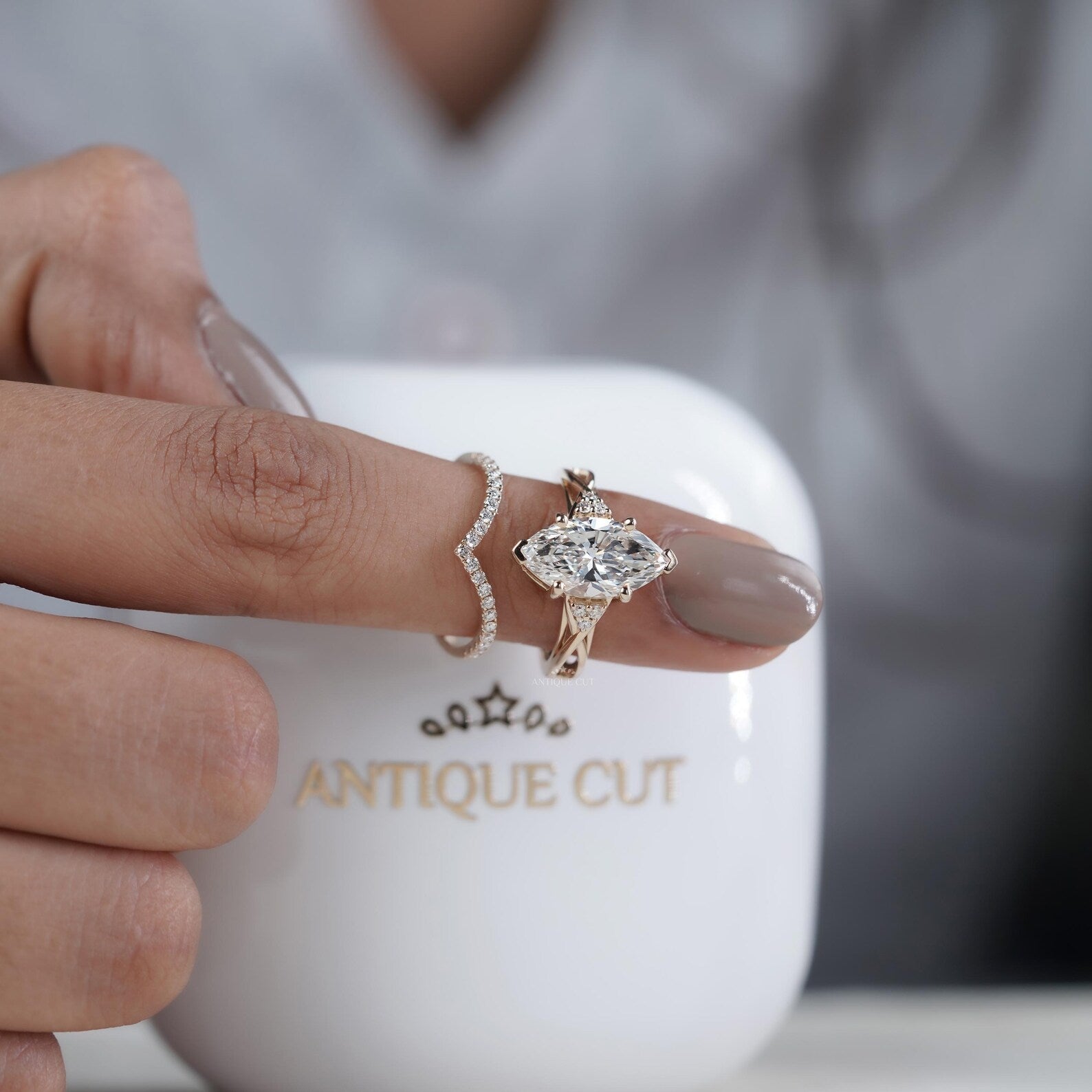 Marquise Cut Ring Duo • 3.00ct Center • Matching V Band with 0.10ct Side Accents