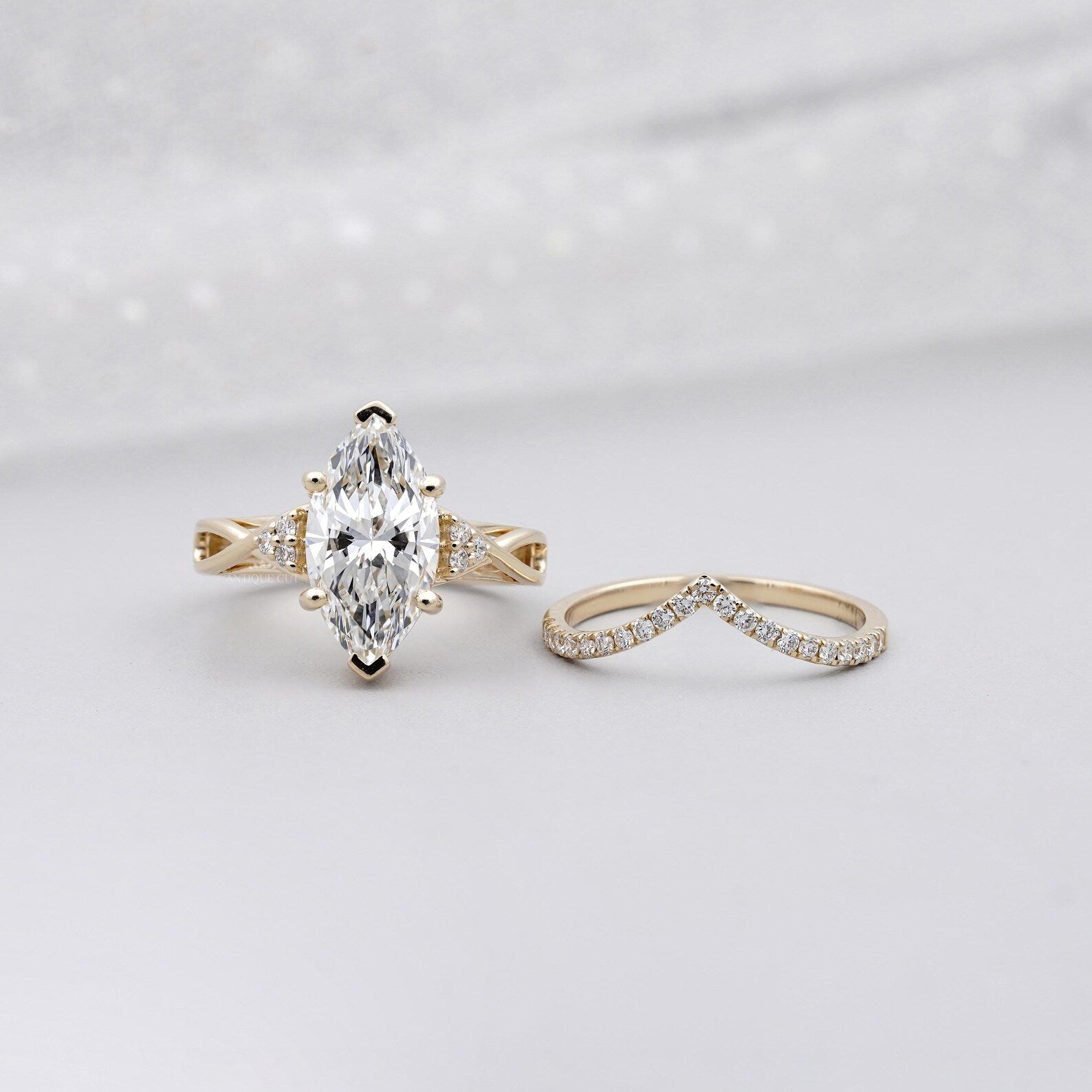 Marquise Cut Ring Duo • 3.00ct Center • Matching V Band with 0.10ct Side Accents