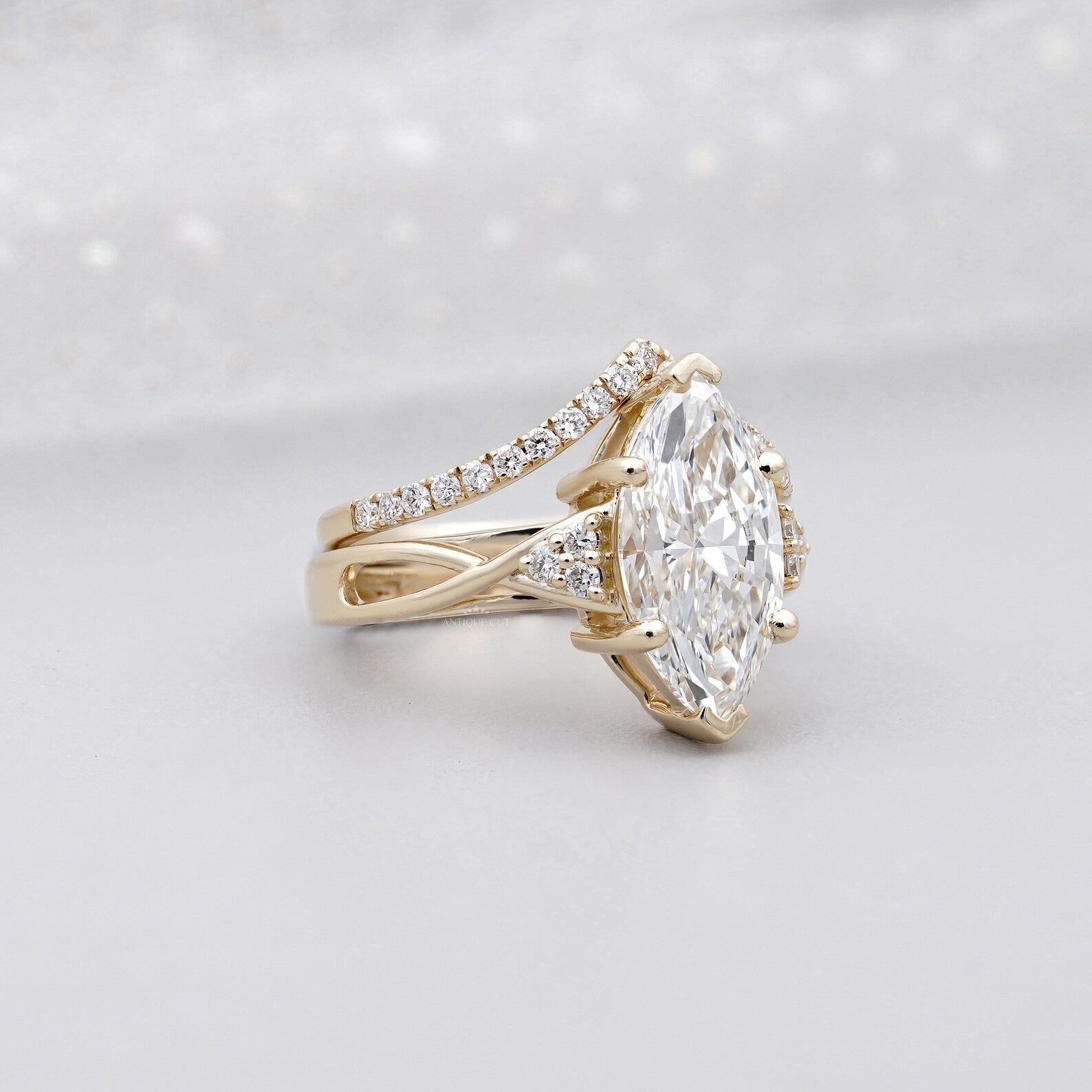Marquise Cut Ring Duo • 3.00ct Center • Matching V Band with 0.10ct Side Accents