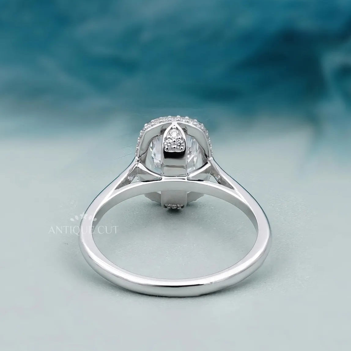 Cushion cut halo diamond ring lab grown white gold