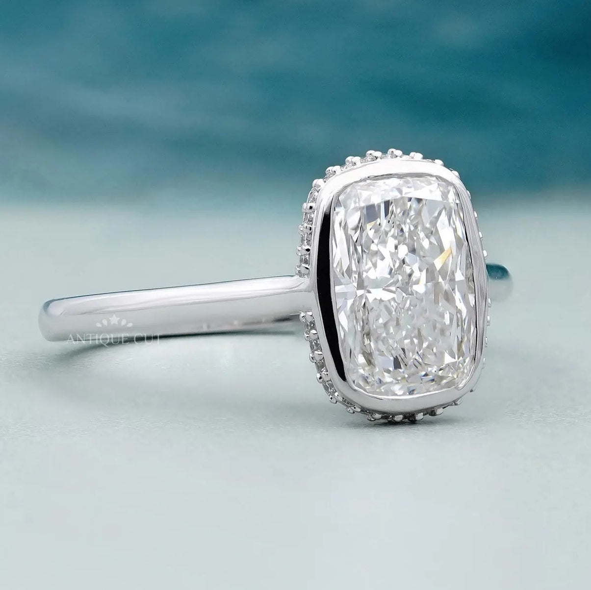 IGI certified cushion halo diamond ring bezel setting