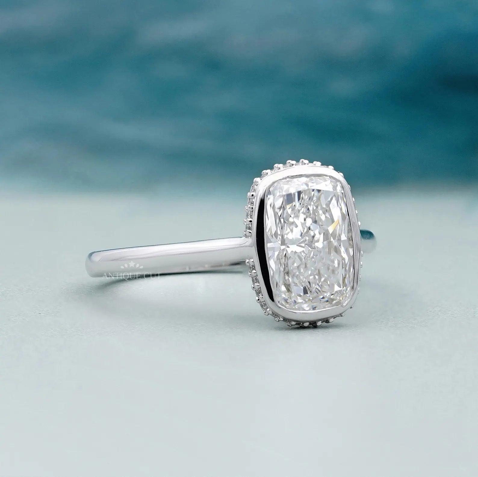 Cushion 3.20tcw Lab Grown Diamond Engagement Ring | Bezel Halo Setting | DEF Color | VVS–VS Clarity