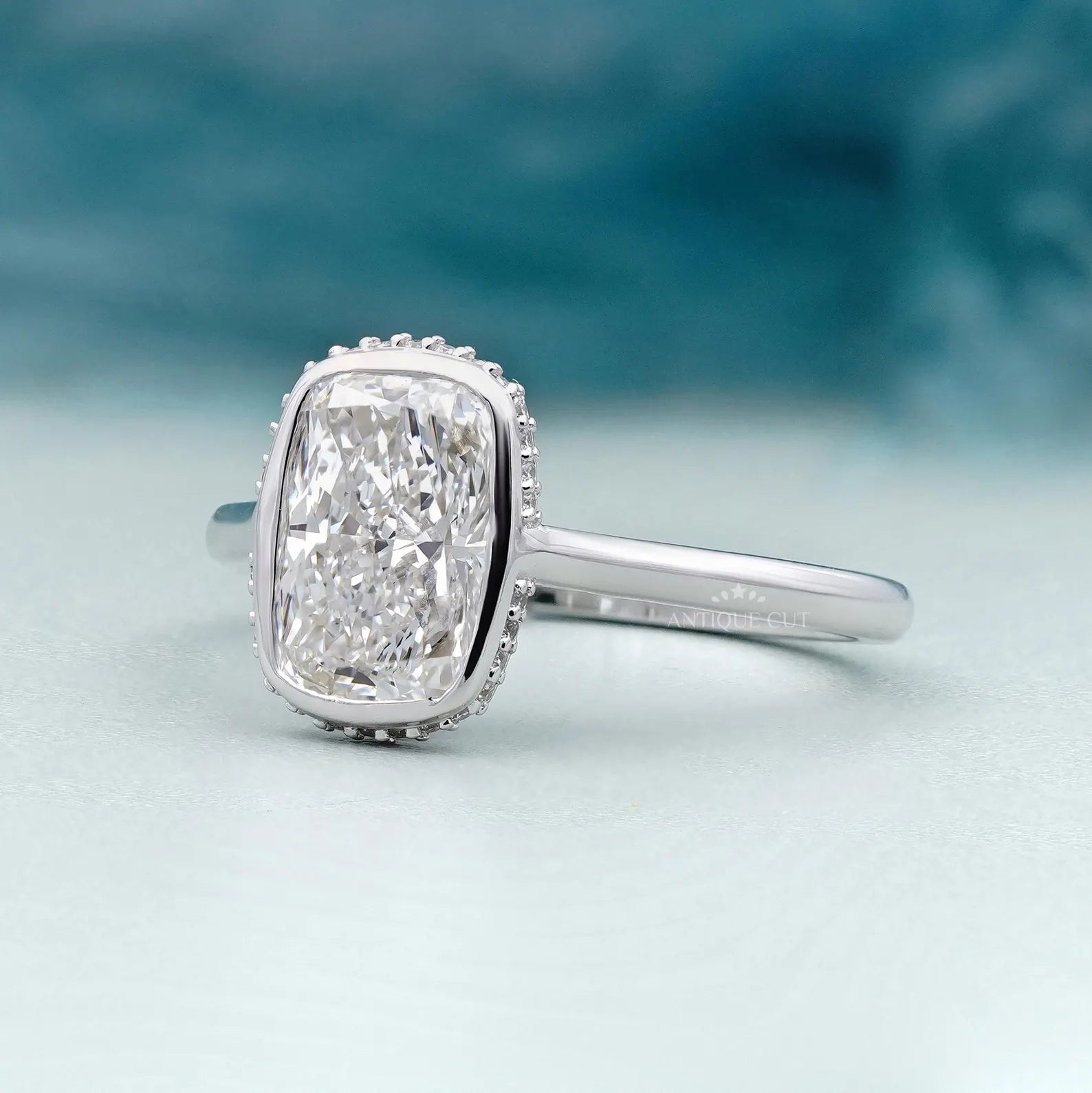 Cushion 3.20tcw Lab Grown Diamond Engagement Ring | Bezel Halo Setting | DEF Color | VVS–VS Clarity