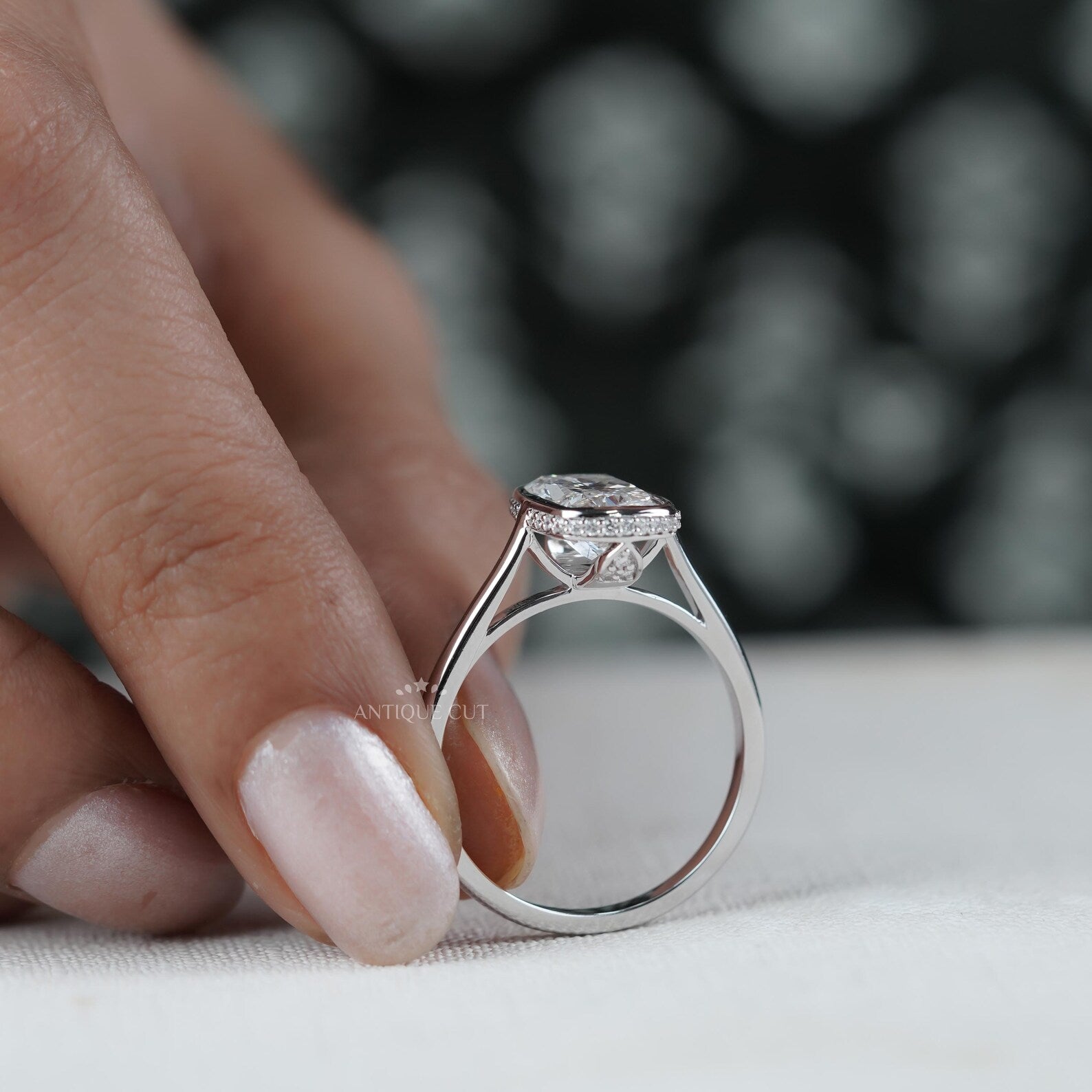 Cushion 3.20tcw Lab Grown Diamond Engagement Ring | Bezel Halo Setting | DEF Color | VVS–VS Clarity