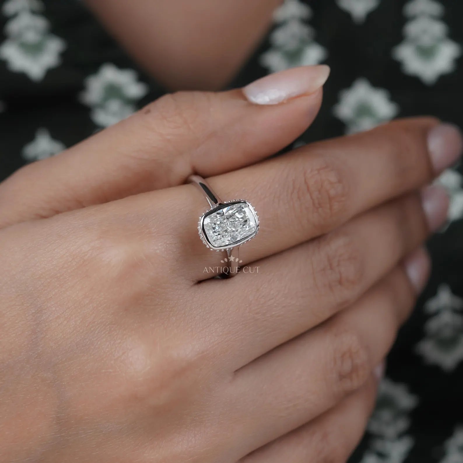 Cushion 3.20tcw Lab Grown Diamond Engagement Ring | Bezel Halo Setting | DEF Color | VVS–VS Clarity