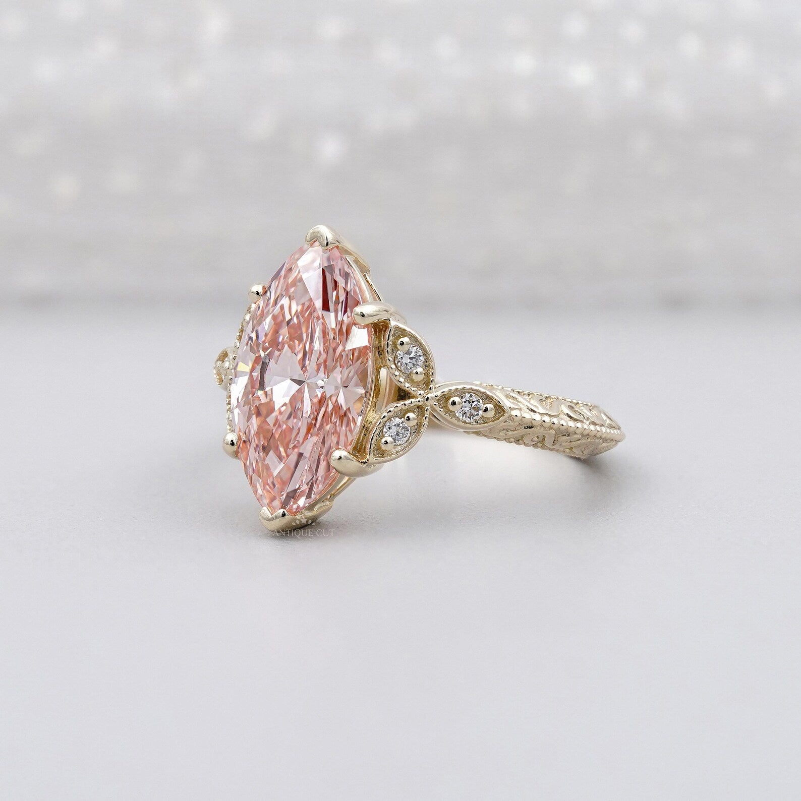 3.00ct Marquise Fancy Pink Engagement Ring • 0.15ct Diamond Leaf Side Stones • Vintage 14K Gold Fancy Pink Ring • Unique Bridal Ring