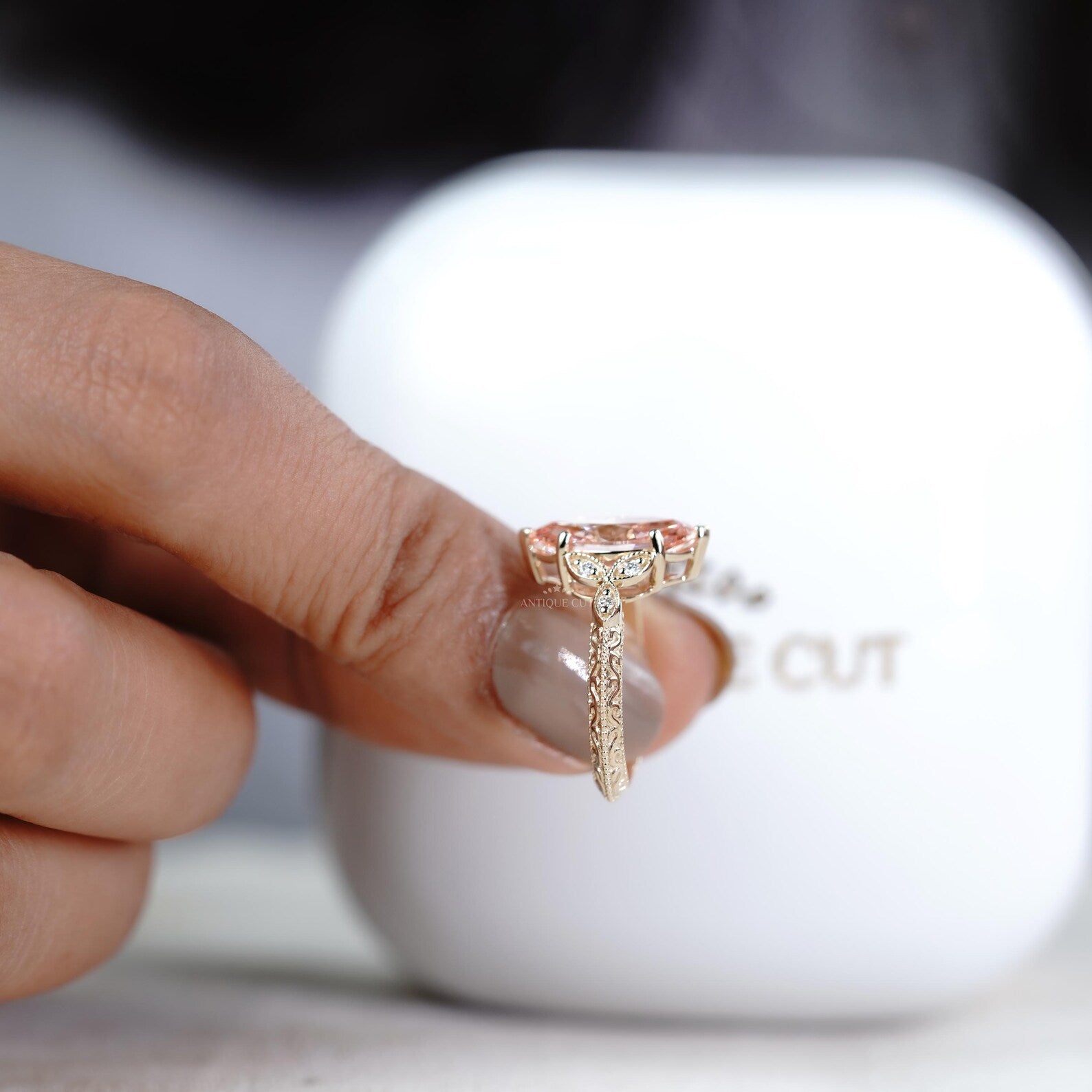 3.00ct Marquise Fancy Pink Engagement Ring • 0.15ct Diamond Leaf Side Stones • Vintage 14K Gold Fancy Pink Ring • Unique Bridal Ring