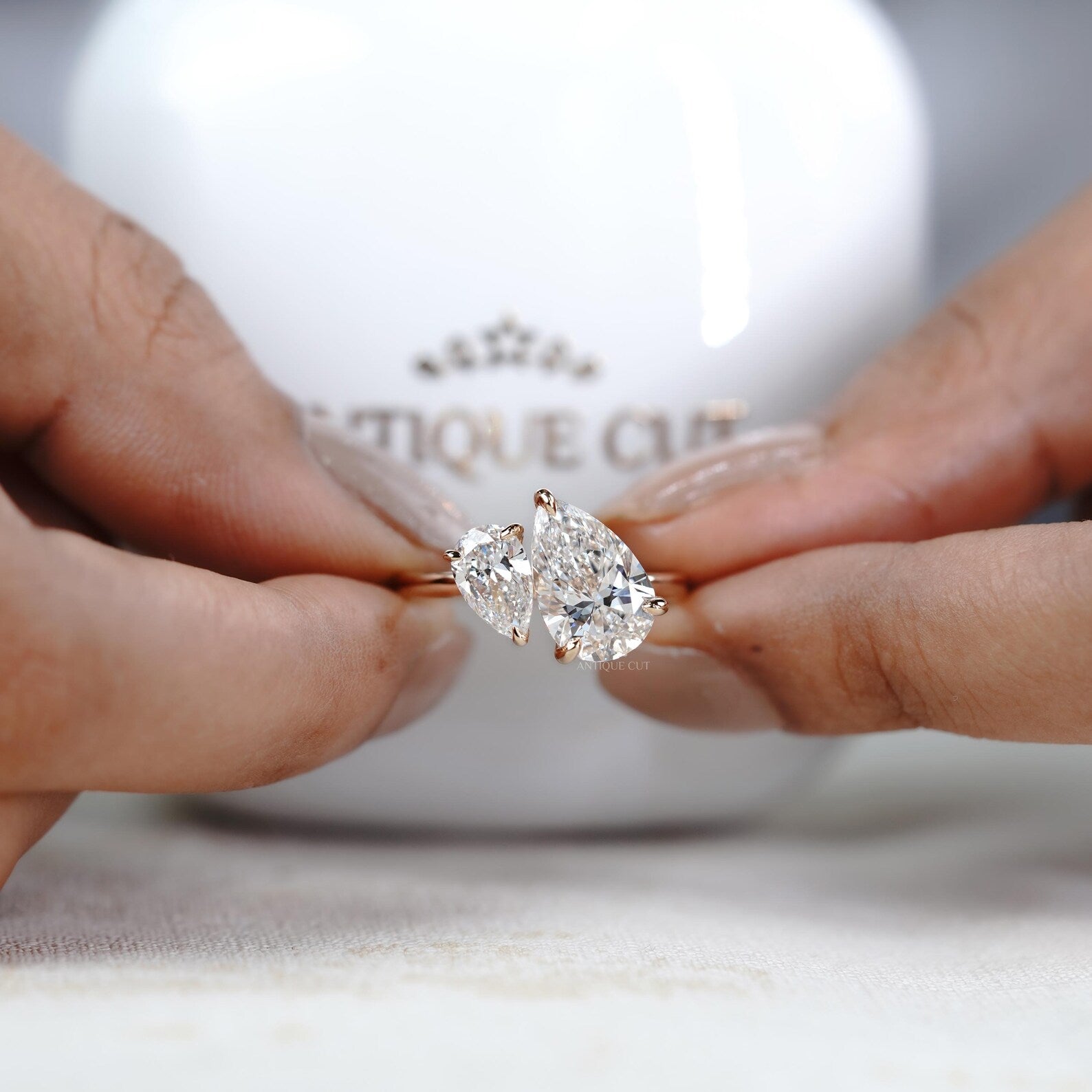 1.30ct Pear Cut Engagement Ring • 0.30ct Pear Side Stone • Two Stone Toi et Moi Ring • 14K Gold Pear Diamond Bypass Ring