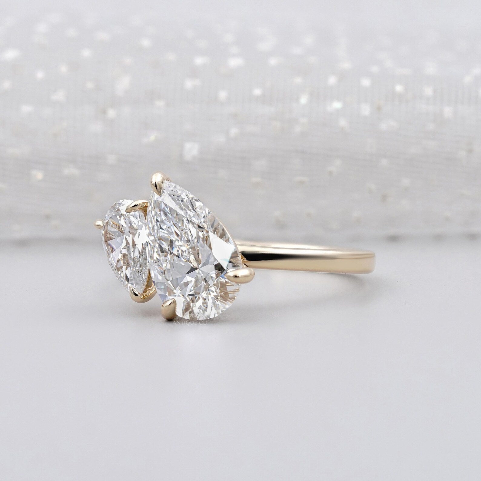 1.30ct Pear Cut Engagement Ring • 0.30ct Pear Side Stone • Two Stone Toi et Moi Ring • 14K Gold Pear Diamond Bypass Ring