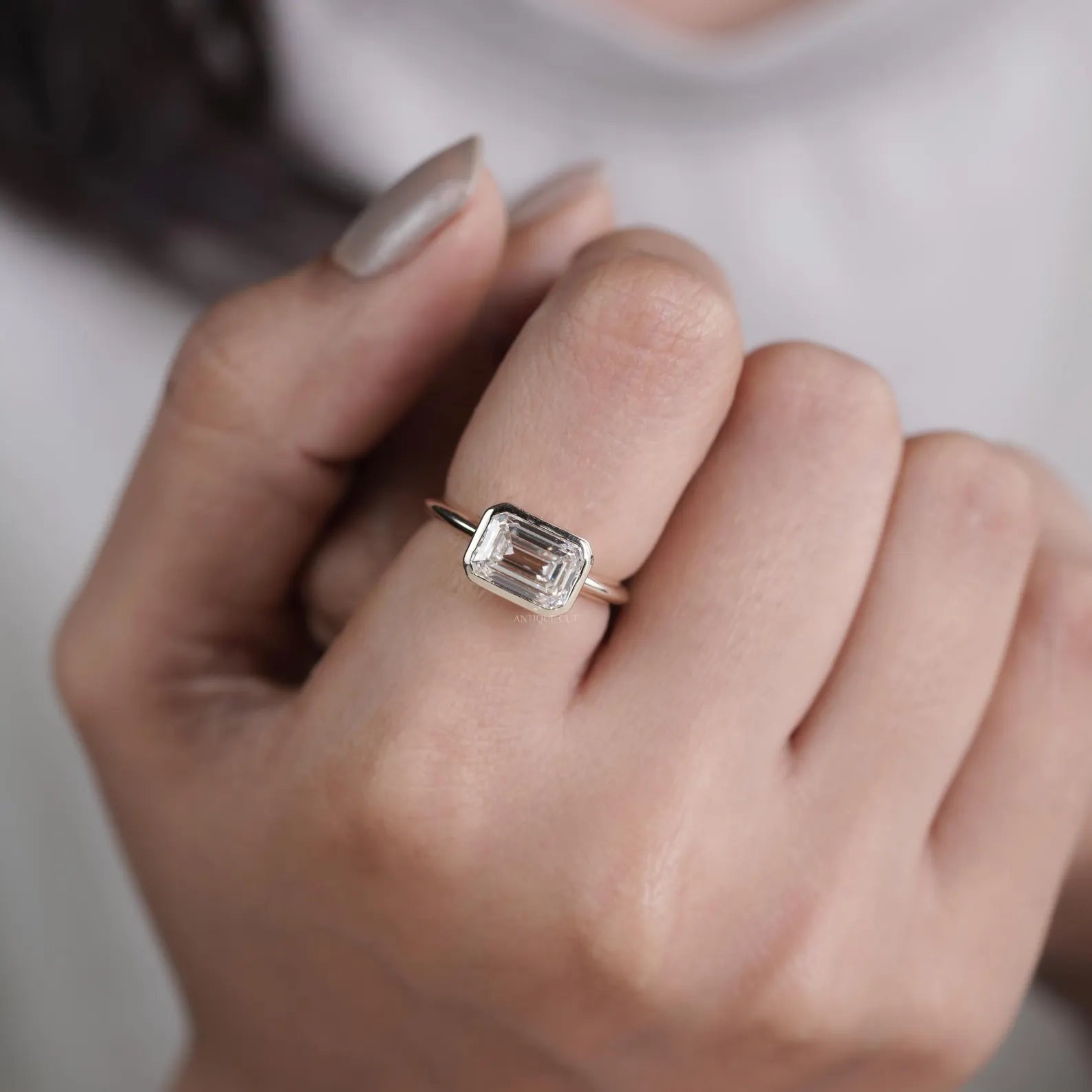 Emerald Cut 3.00ct Lab Grown Diamond East-West Engagement Ring | Bezel Setting | IGI Certified