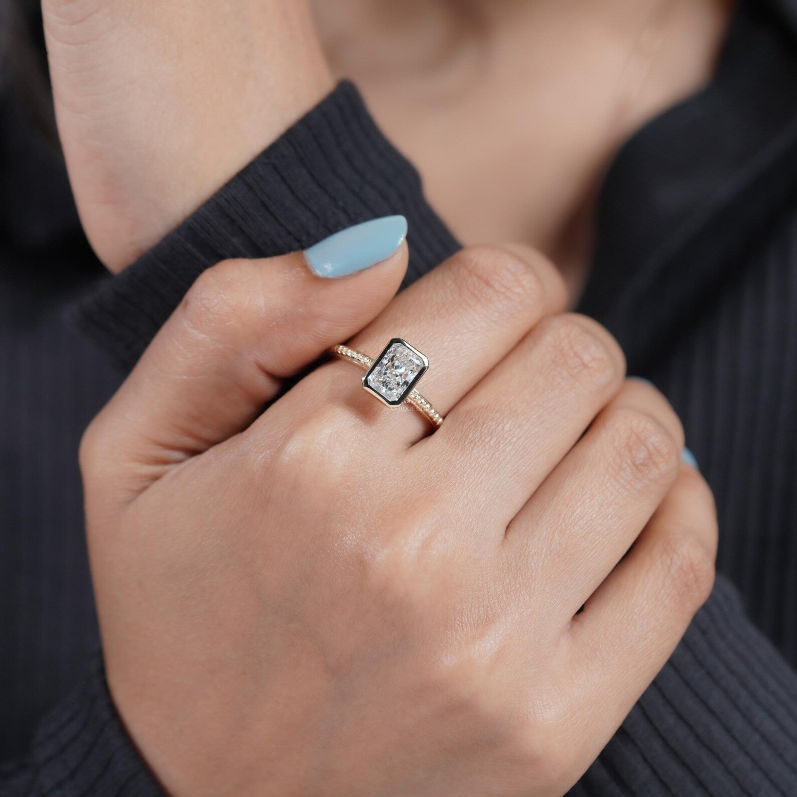 2.00ct Radiant Cut Bezel Engagement Ring in 14k Gold | Hand Engraved Band | Radiant Solitaire Ring | Minimalist Radiant Engagement Ring