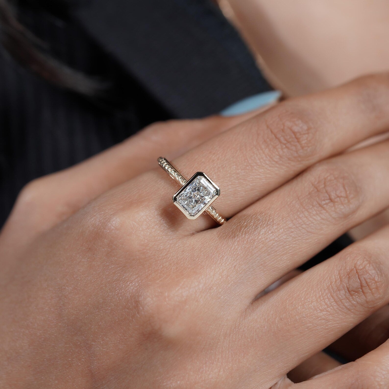 2.00ct Radiant Cut Bezel Engagement Ring in 14k Gold | Hand Engraved Band | Radiant Solitaire Ring | Minimalist Radiant Engagement Ring