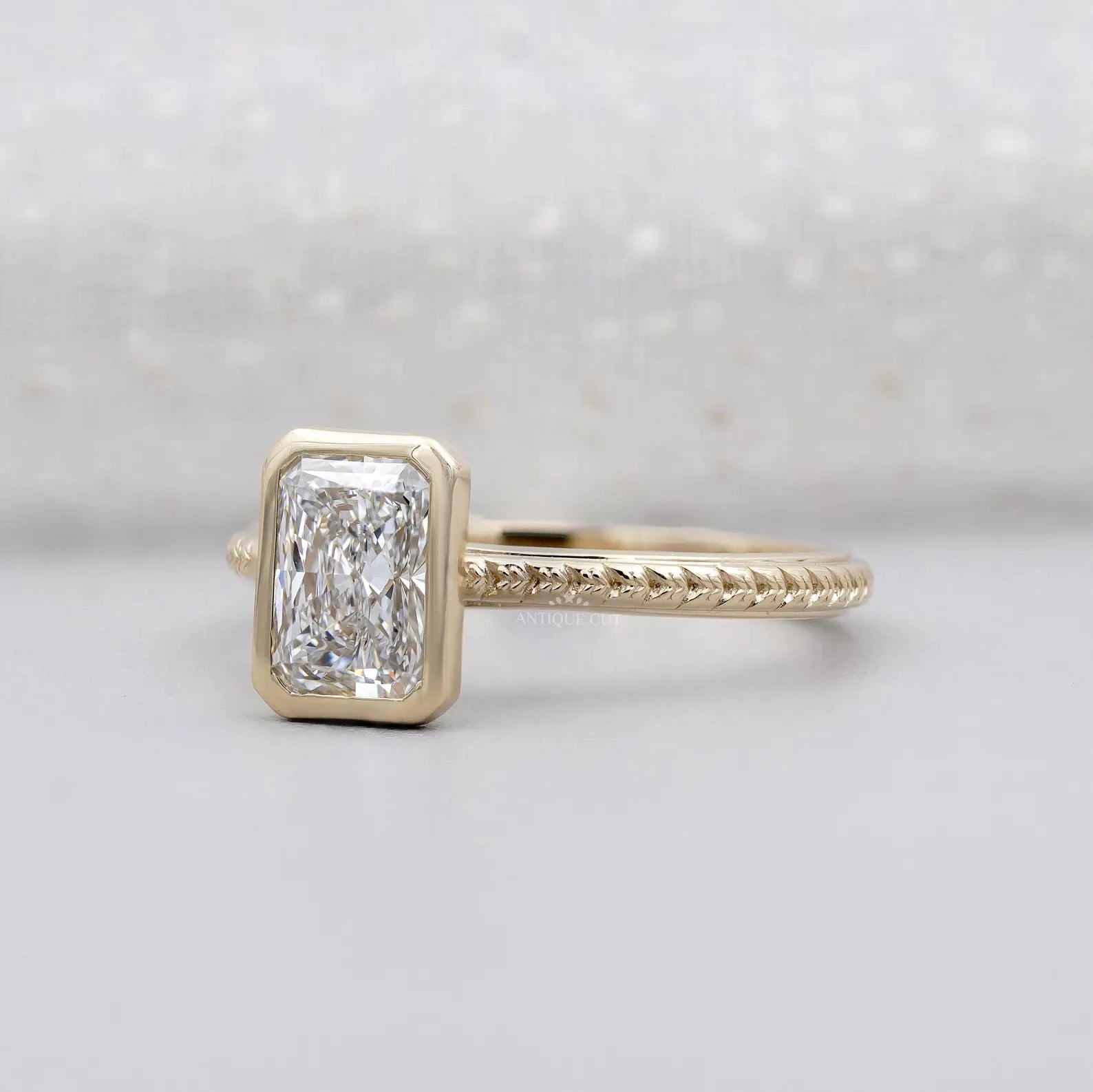 2.00ct Radiant Cut Bezel Engagement Ring in 14k Gold | Hand Engraved Band | Radiant Solitaire Ring | Minimalist Radiant Engagement Ring