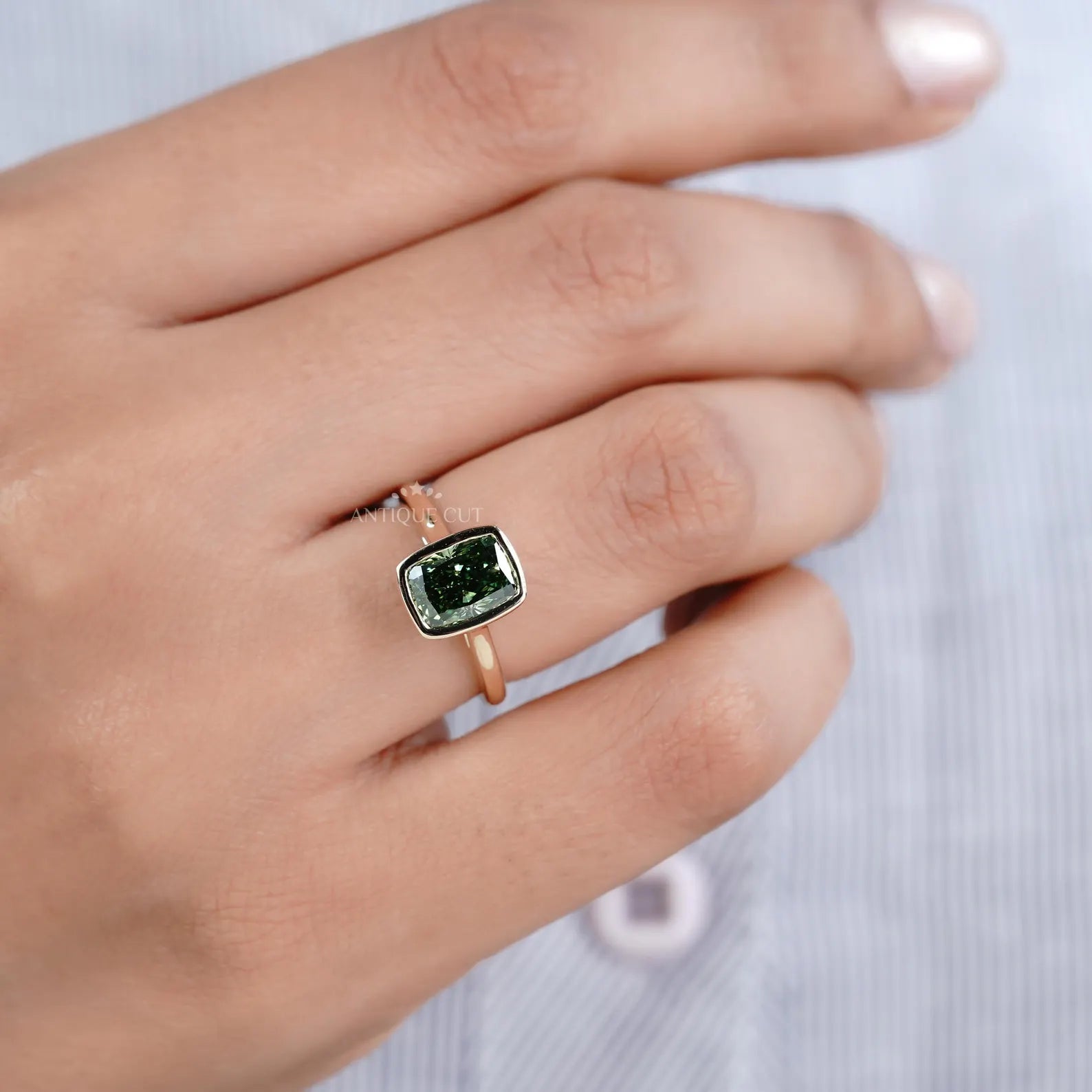Fancy Green 2.09ct Cushion Cut Lab-Grown Diamond Bezel Ring | Solid Gold Modern Setting