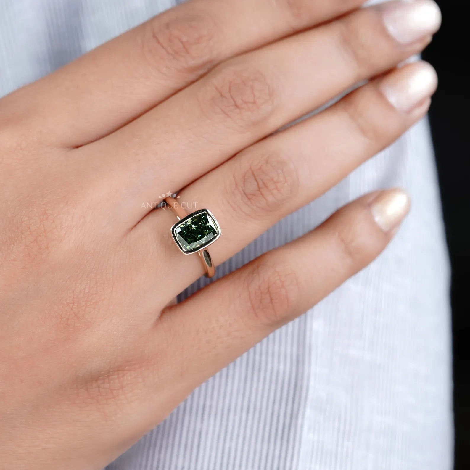 Fancy Green 2.09ct Cushion Cut Lab-Grown Diamond Bezel Ring | Solid Gold Modern Setting