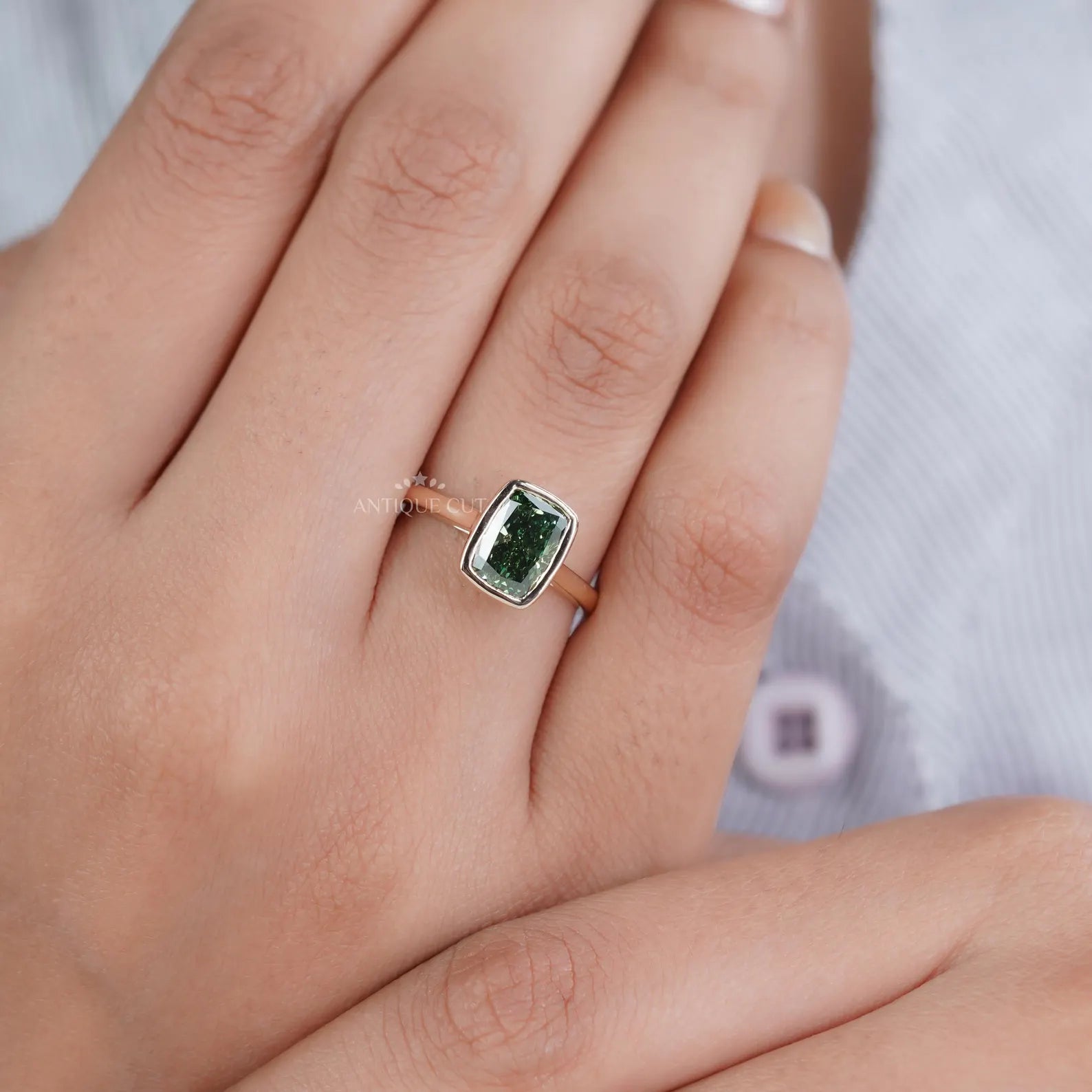 Fancy Green 2.09ct Cushion Cut Lab-Grown Diamond Bezel Ring | Solid Gold Modern Setting