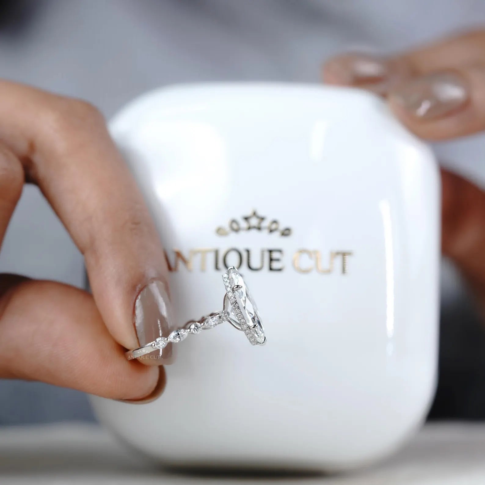 3.00ct Marquise Engagement Ring with 0.60ct Marquise & Round Side Stones | Unique Diamond Halo Ring | White Gold Marquise Solitaire