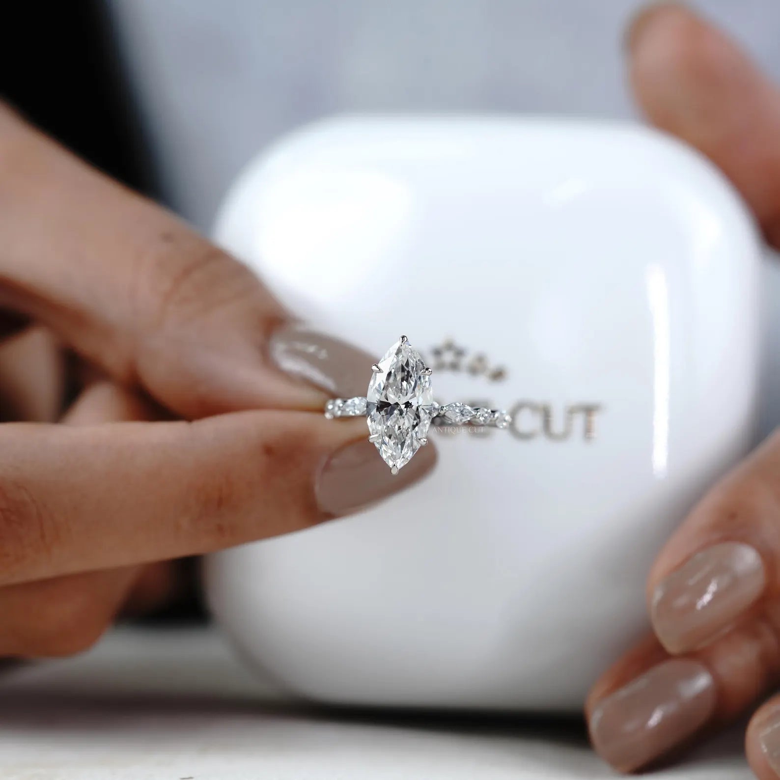 3.00ct Marquise Engagement Ring with 0.60ct Marquise & Round Side Stones | Unique Diamond Halo Ring | White Gold Marquise Solitaire