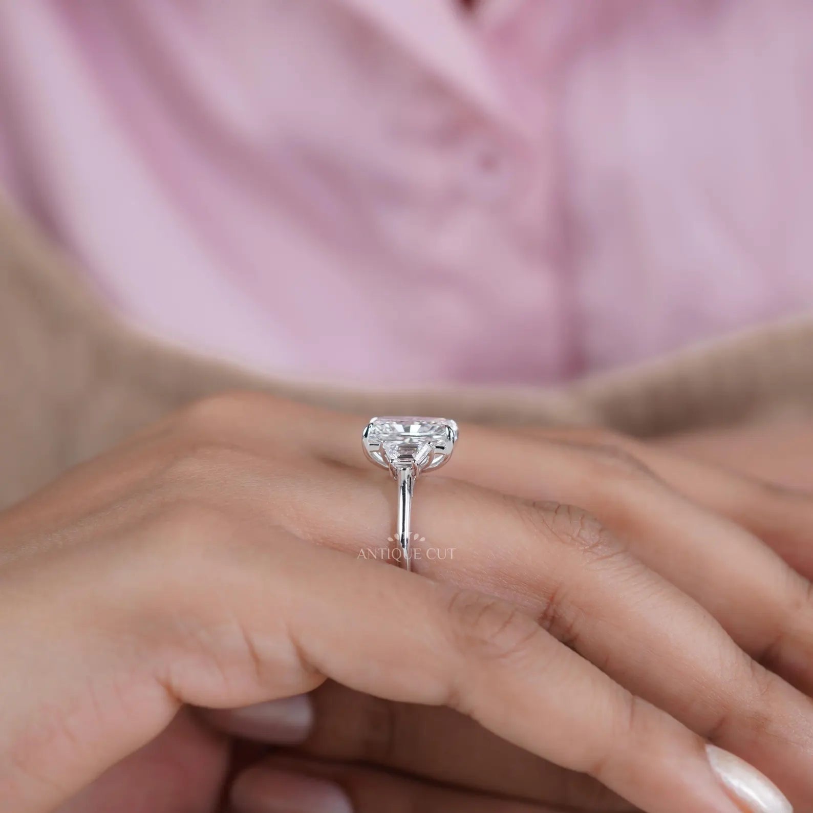 Radiant 5.97tcw Lab Grown Diamond Three-Stone Engagement Ring | Trapezoid Side Stones | D–F Color | VVS–VS Clarity