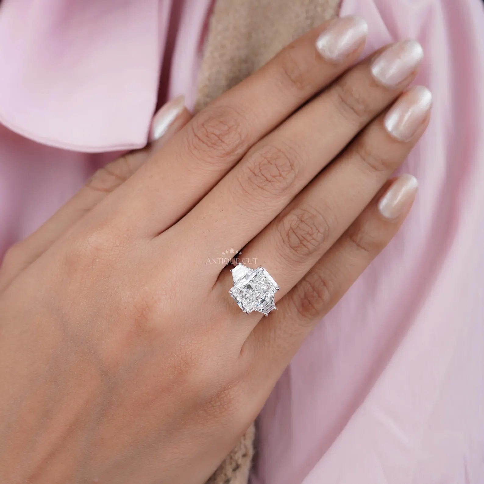 Radiant 5.97tcw Lab Grown Diamond Three-Stone Engagement Ring | Trapezoid Side Stones | D–F Color | VVS–VS Clarity