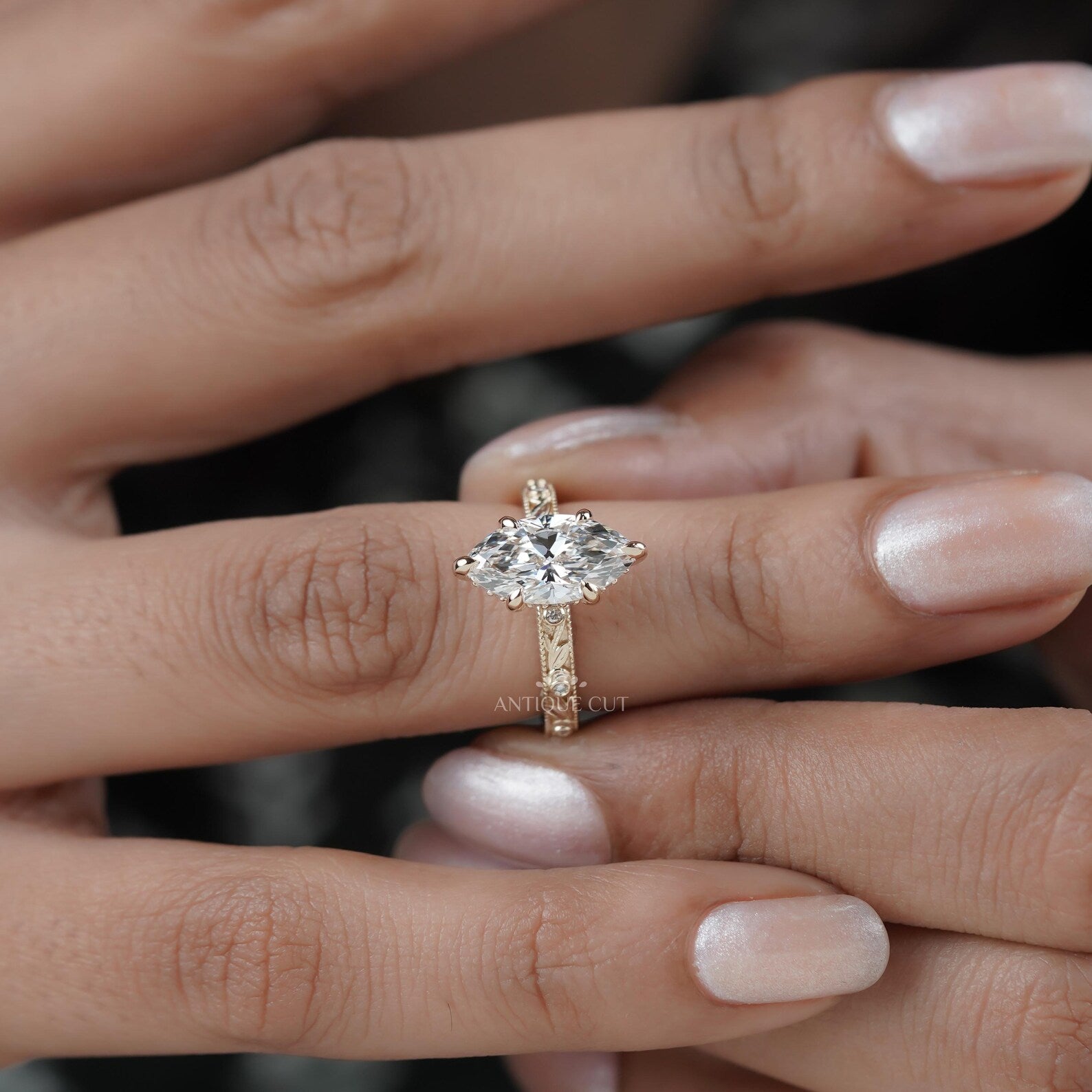 Marquise 2.25tcw Lab Grown Diamond Vintage Engagement Ring | Hand-Engraved Band | DEF Color | VVS-VS Clarity