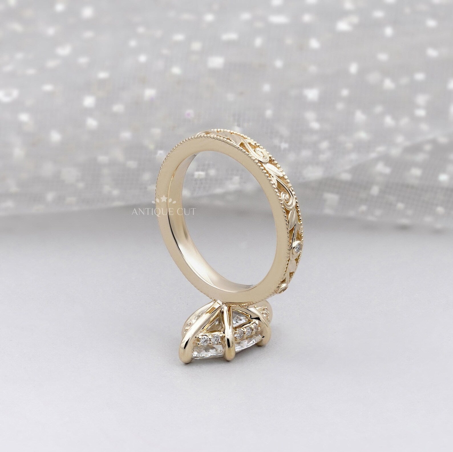 Marquise 2.25tcw Lab Grown Diamond Vintage Engagement Ring | Hand-Engraved Band | DEF Color | VVS-VS Clarity