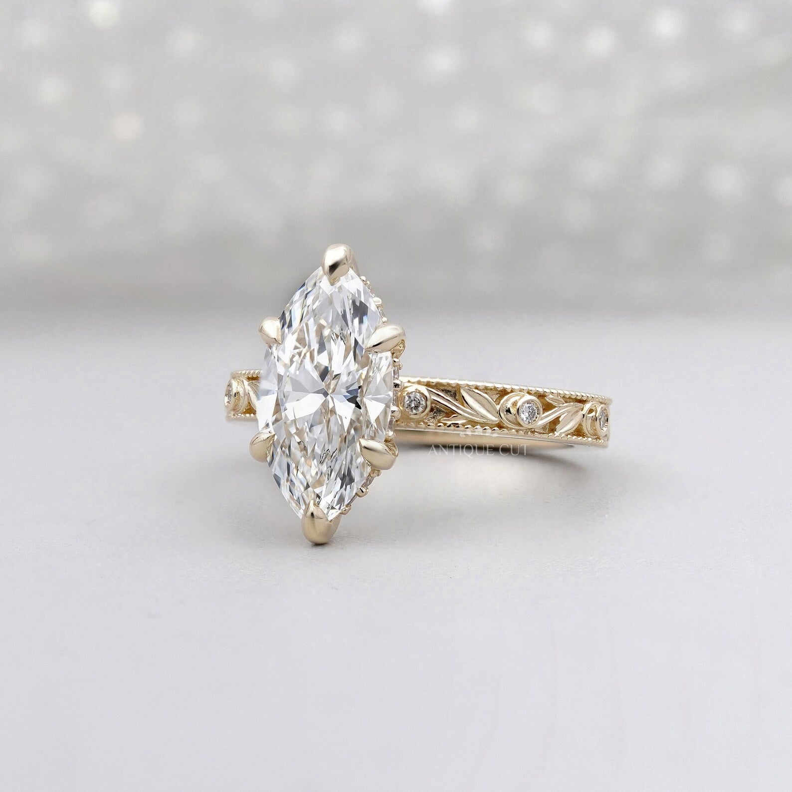 Marquise 2.25tcw Lab Grown Diamond Vintage Engagement Ring | Hand-Engraved Band | DEF Color | VVS-VS Clarity