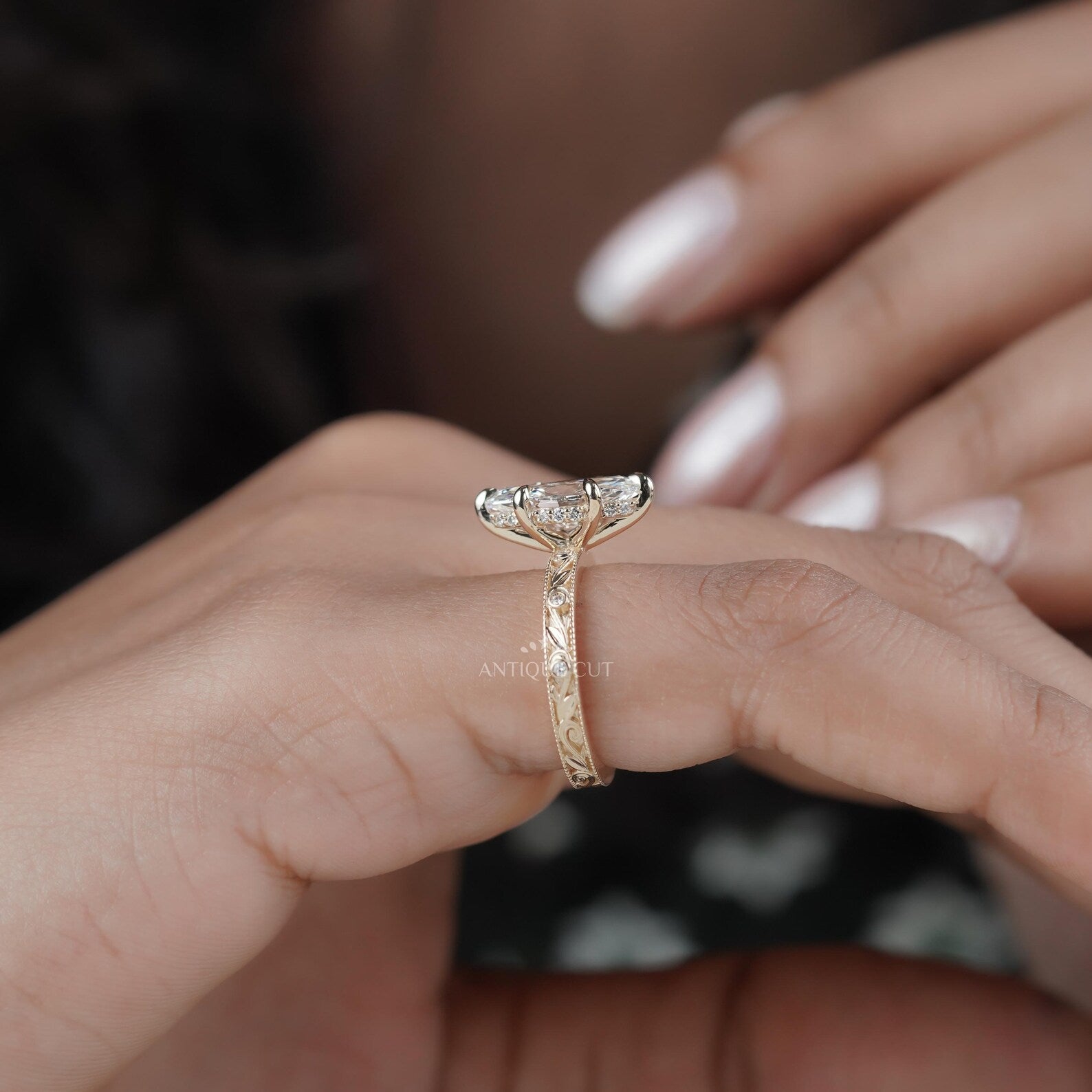 Marquise 2.25tcw Lab Grown Diamond Vintage Engagement Ring | Hand-Engraved Band | DEF Color | VVS-VS Clarity