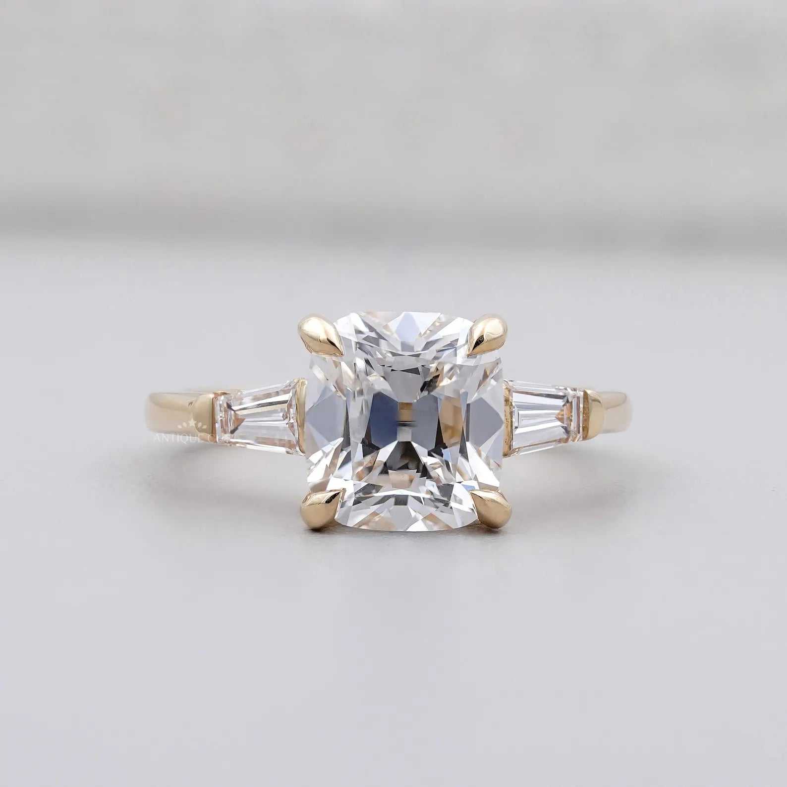3.10tcw Cushion-Cut Lab Diamond Ring | Tapered Baguette Side Stones | Elegant Gold Engagement Ring