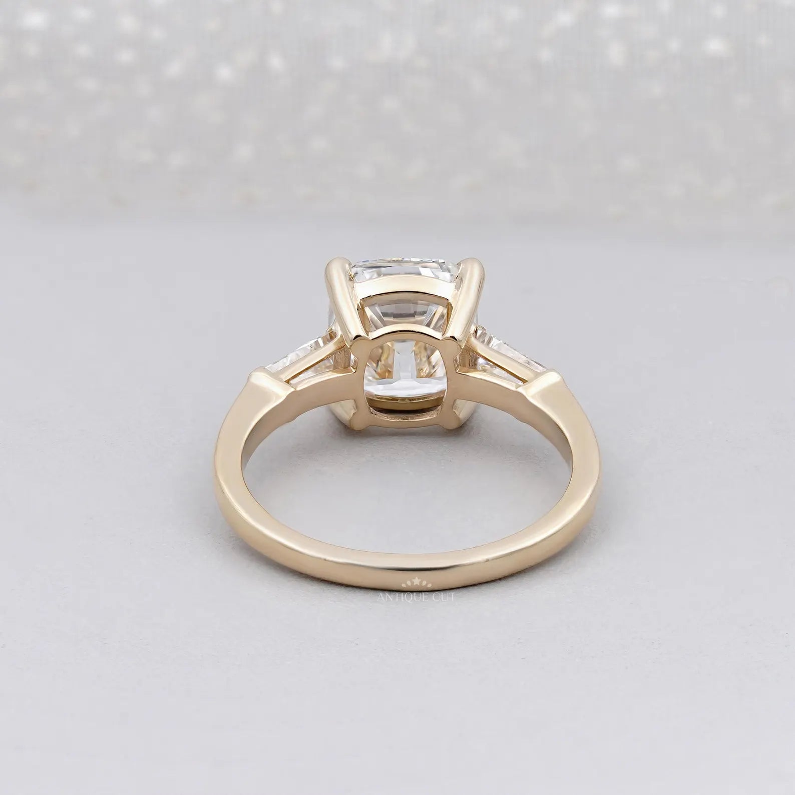 3.10tcw Cushion-Cut Lab Diamond Ring | Tapered Baguette Side Stones | Elegant Gold Engagement Ring