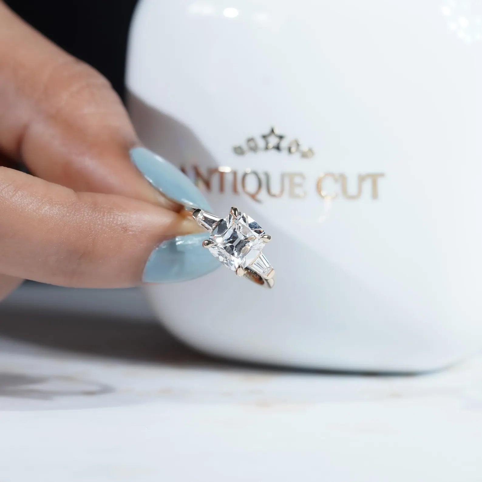 3.10tcw Cushion-Cut Lab Diamond Ring | Tapered Baguette Side Stones | Elegant Gold Engagement Ring