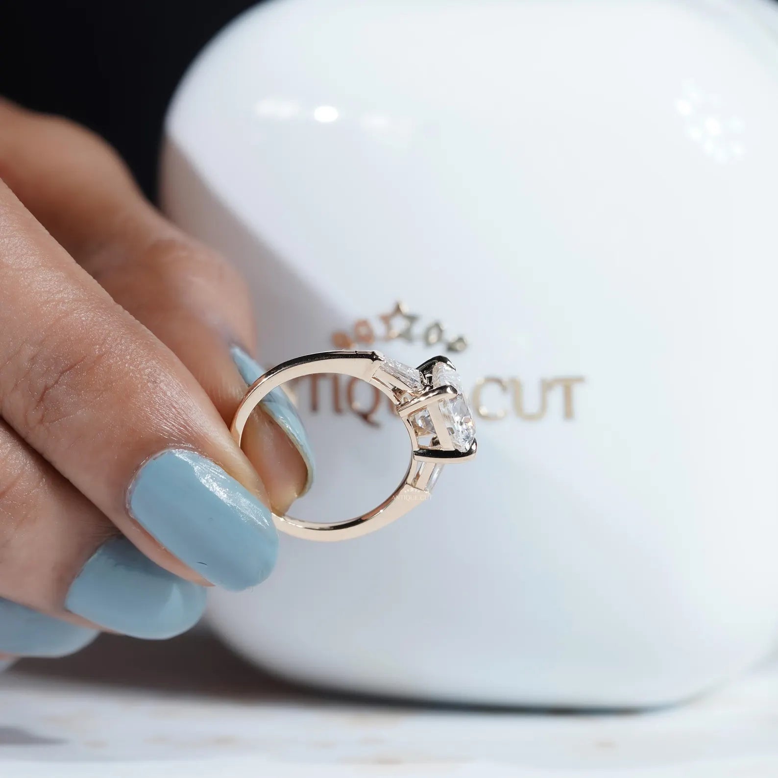 3.10tcw Cushion-Cut Lab Diamond Ring | Tapered Baguette Side Stones | Elegant Gold Engagement Ring