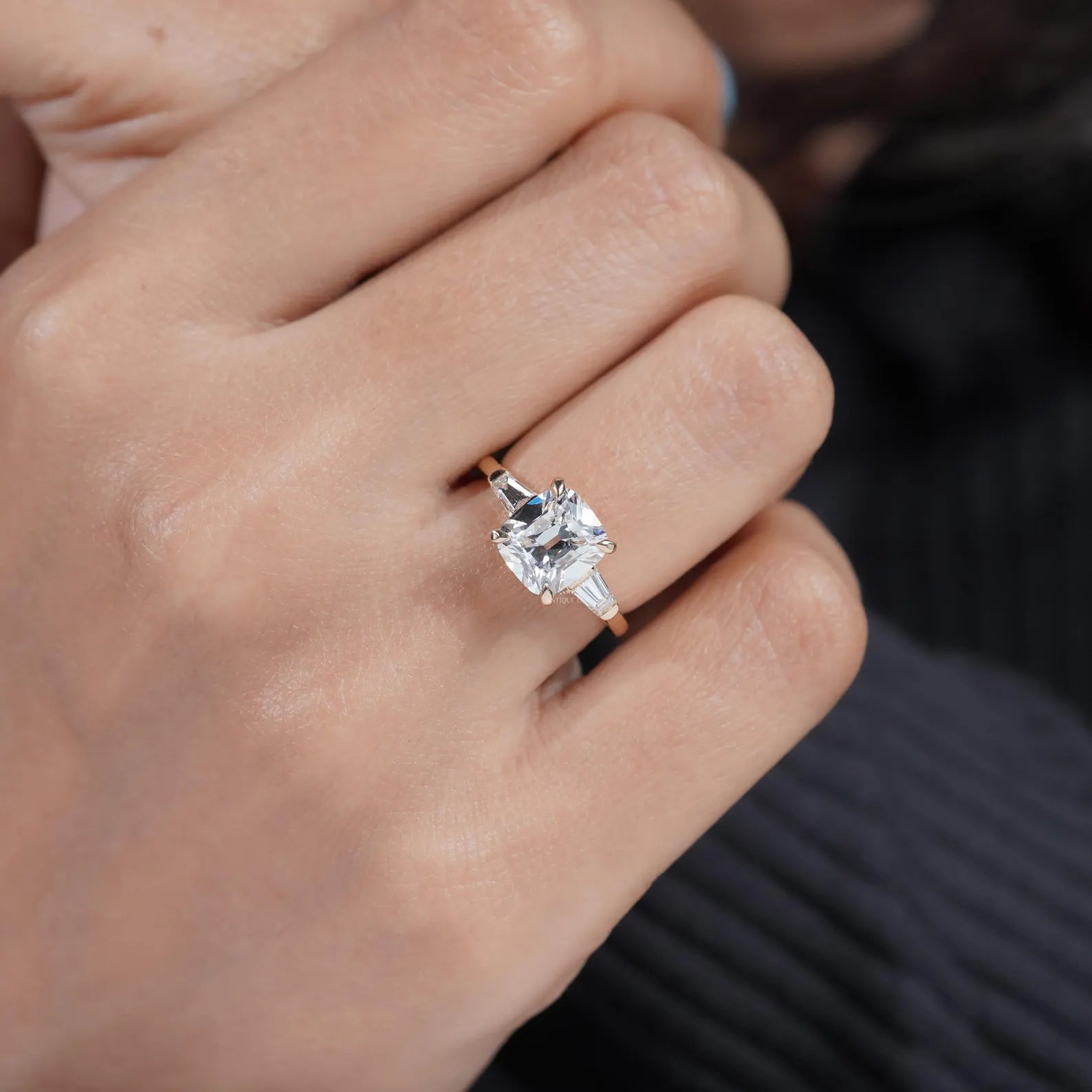 3.10tcw Cushion-Cut Lab Diamond Ring | Tapered Baguette Side Stones | Elegant Gold Engagement Ring